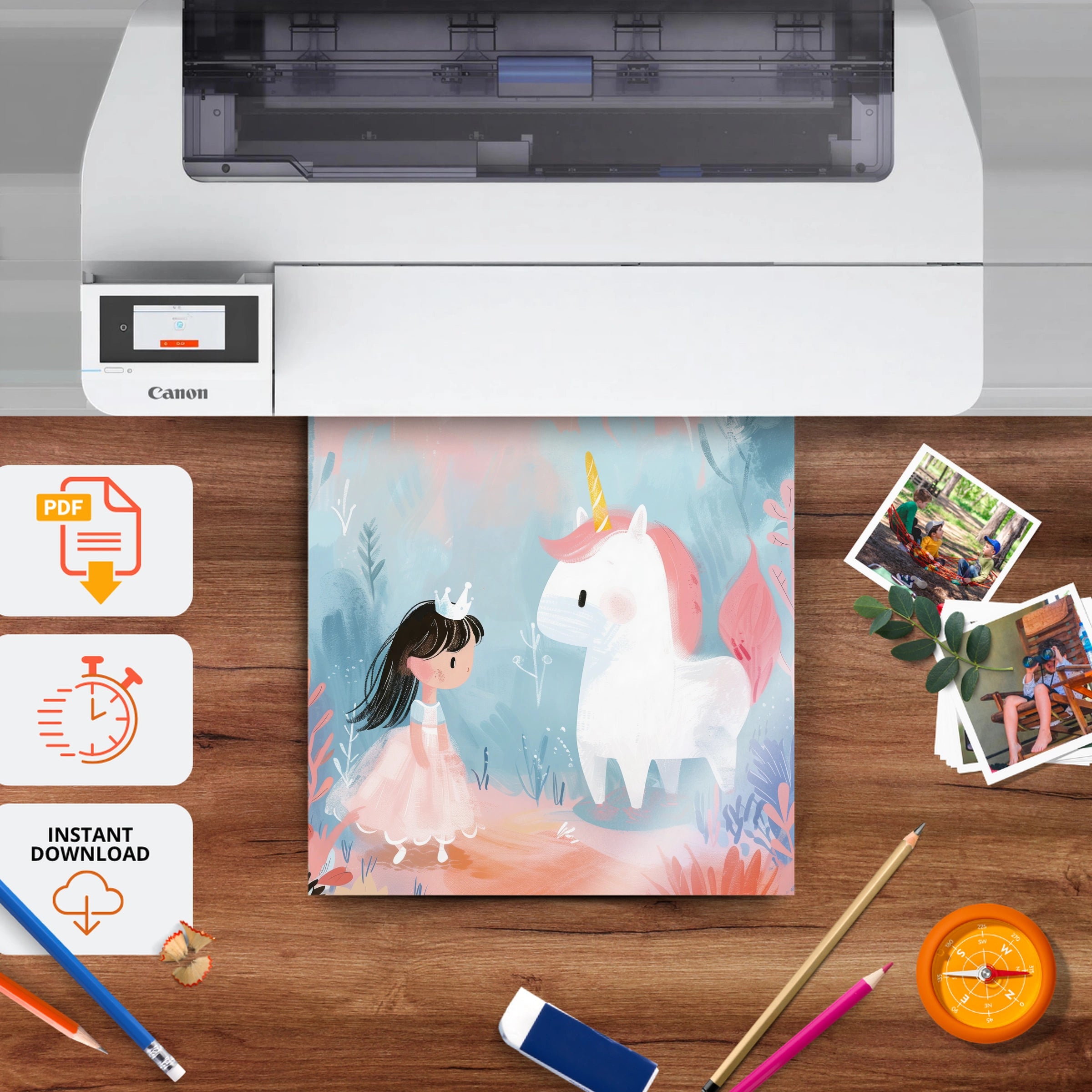 Girl and Unicorn Nursery Print - printable nursery wall art, instant download to print at home