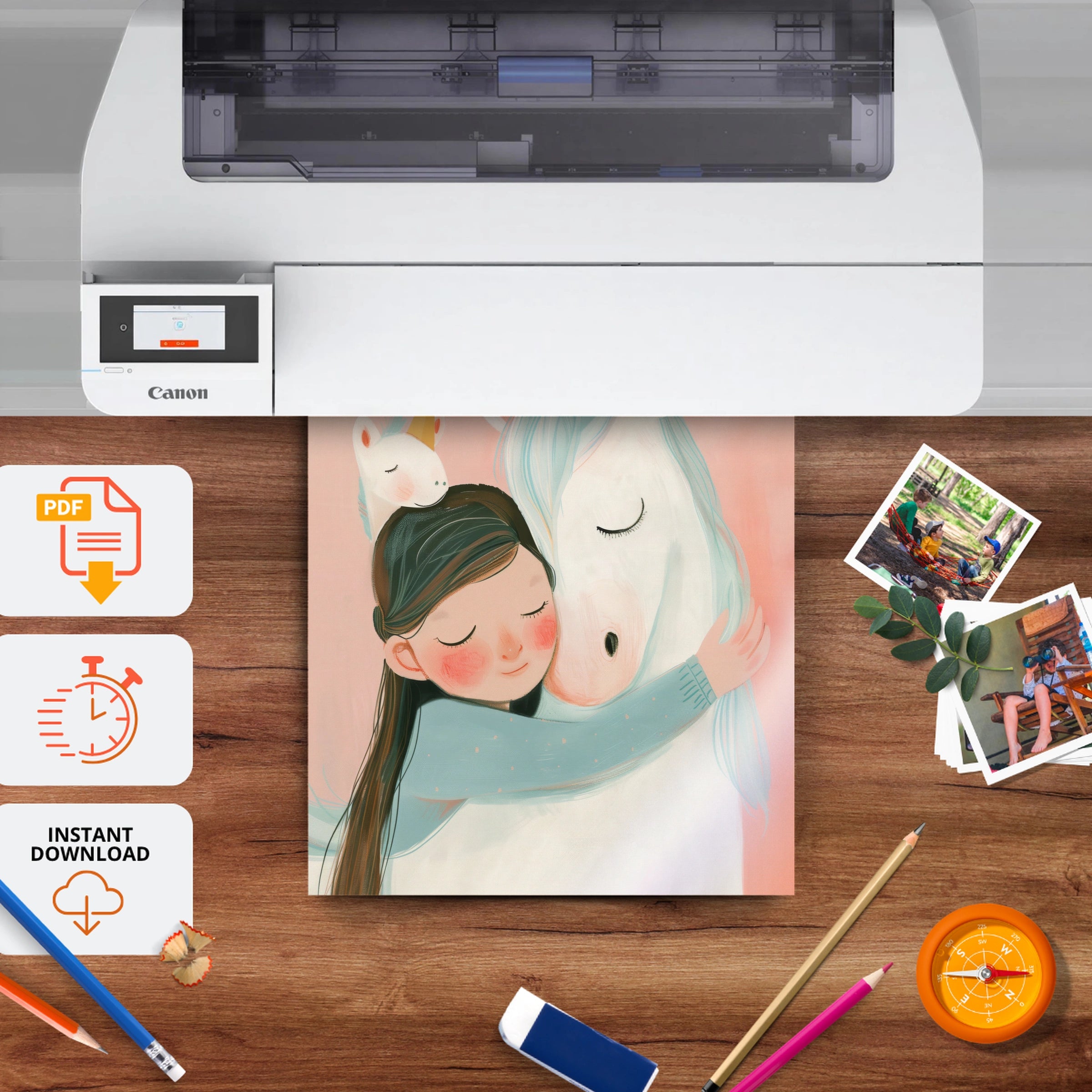 Girl Hugging Unicorn Nursery Print - printable nursery wall art, instant download to print at home