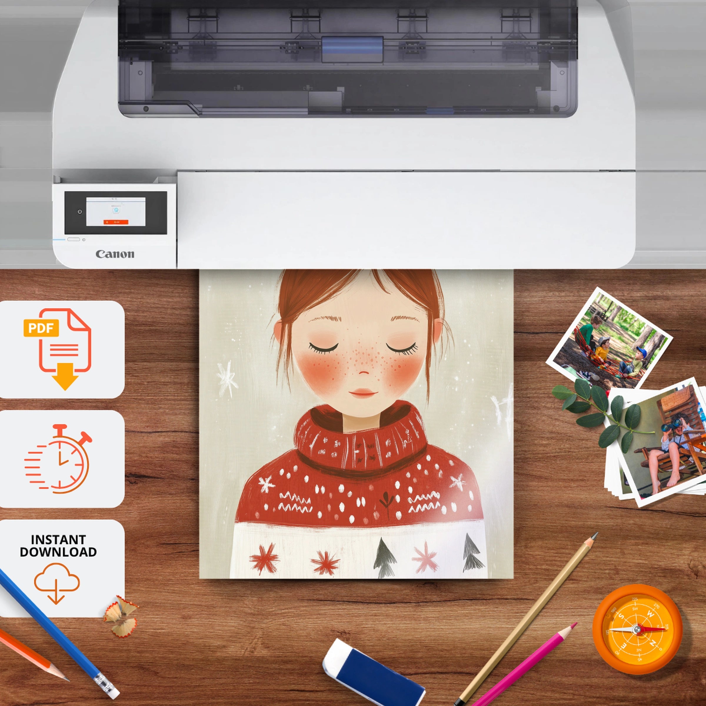 Girl in a Red Sweater Christmas Print - printable nursery wall art, instant download to print at home