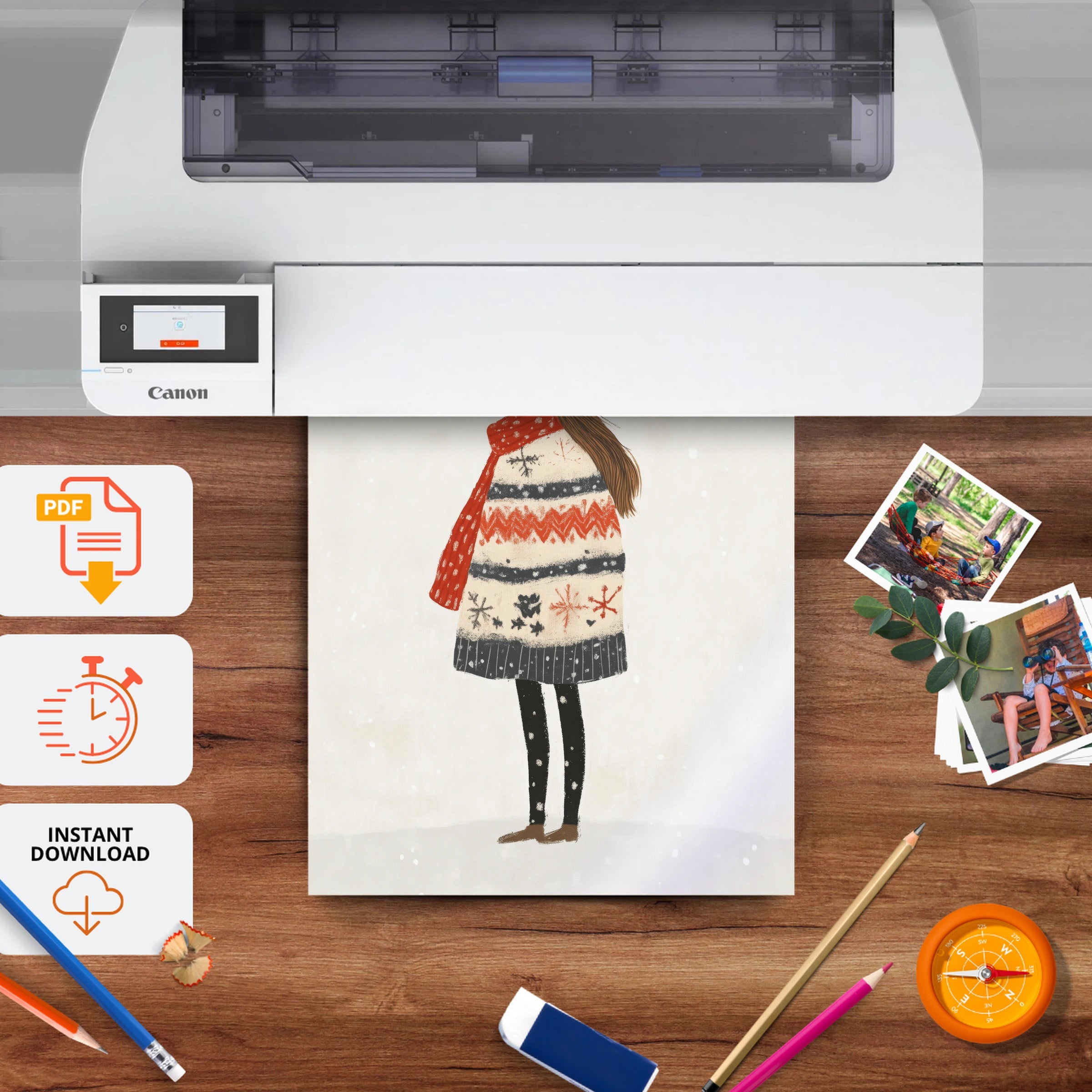 Girl in a Winter Hat Christmas Print - printable nursery wall art, instant download to print at home