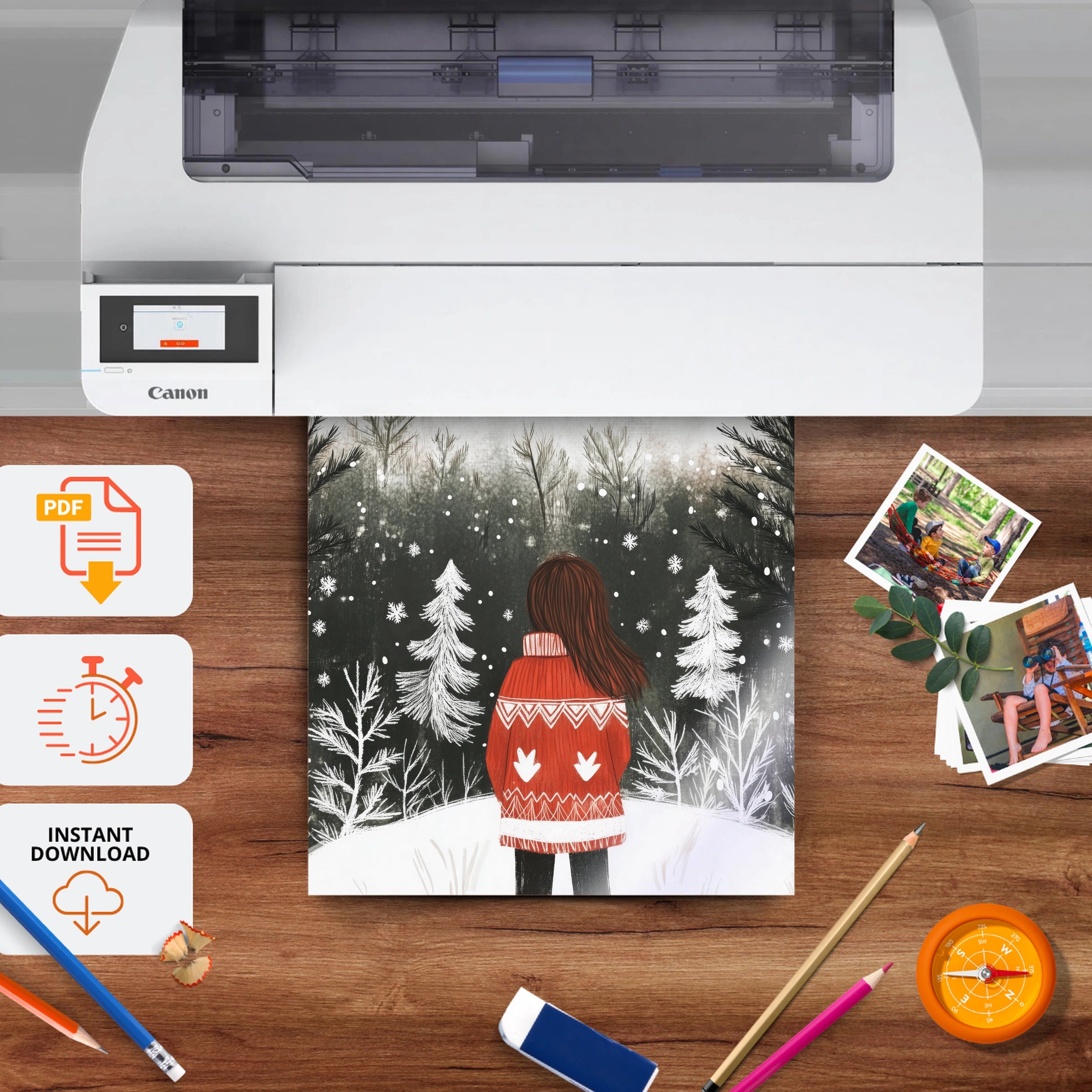 Girl in the Winter Forest Christmas Print - printable nursery wall art, instant download to print at home