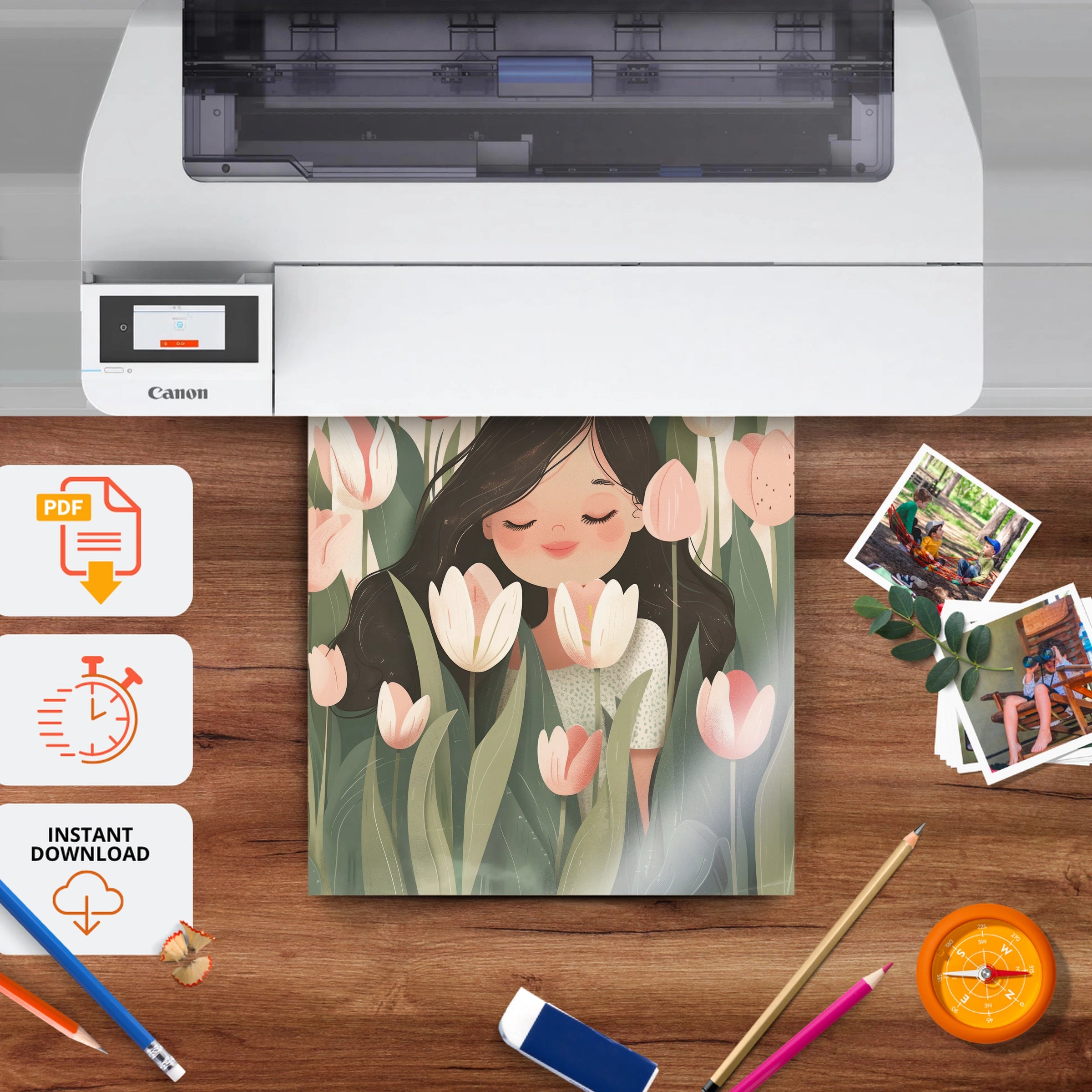 Girl in Tulips Nursery Print - printable nursery wall art, instant download to print at home