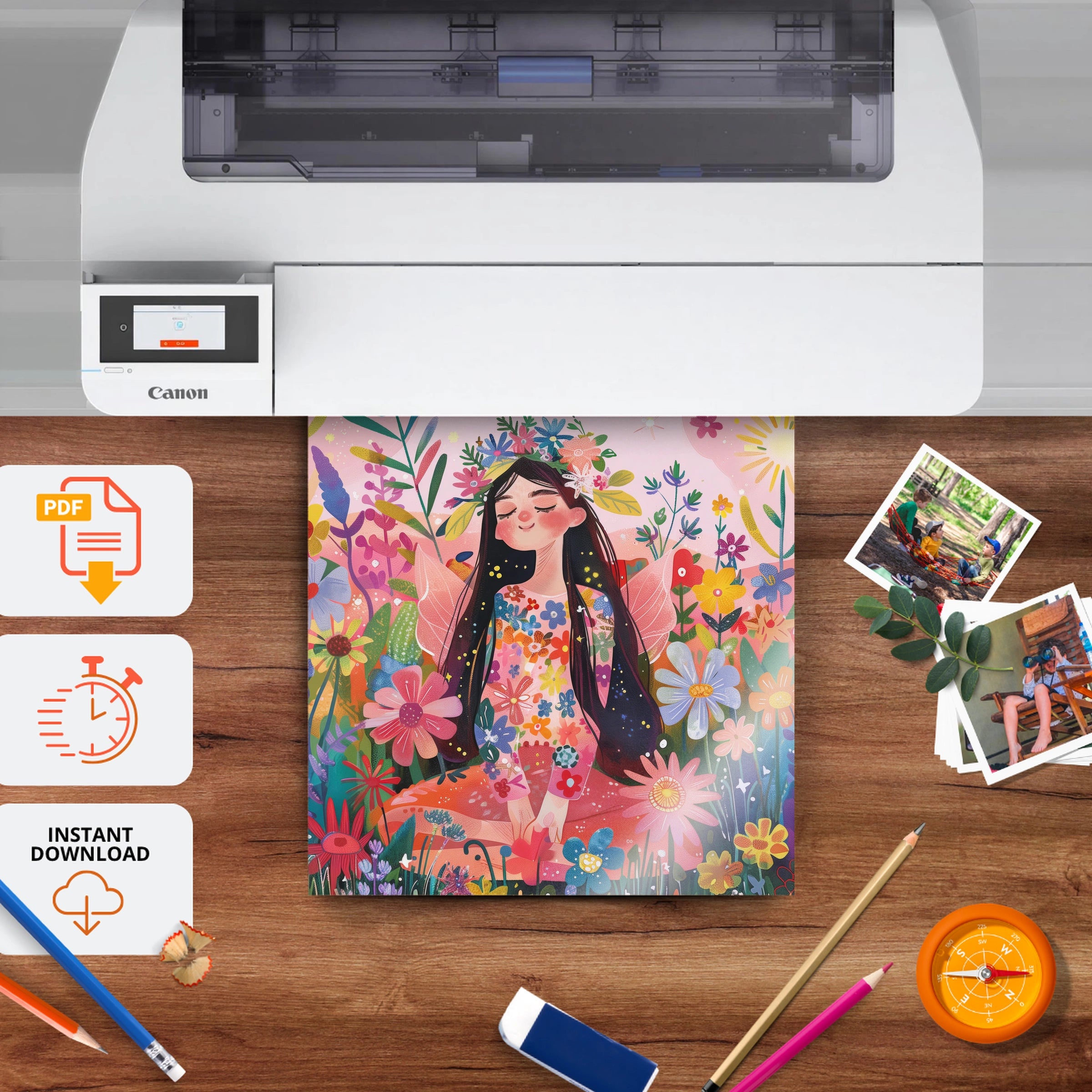 Girl in Wildflowers Nursery Print - printable nursery wall art, instant download to print at home