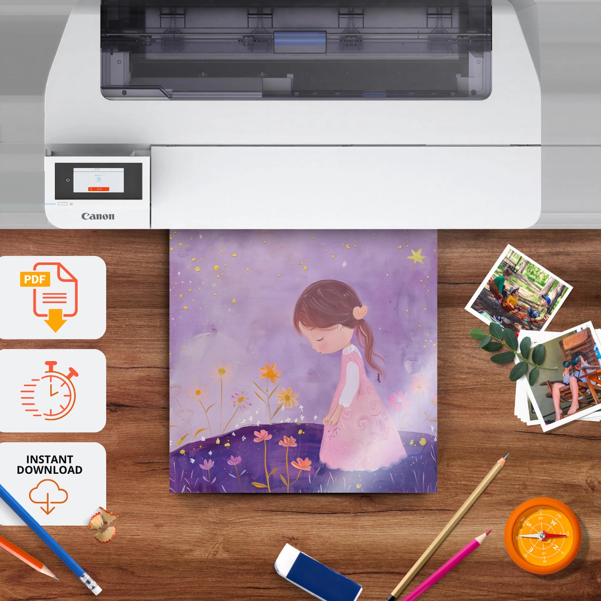 Girl Praying Under the Moon Nursery Print - printable nursery wall art, instant download to print at home