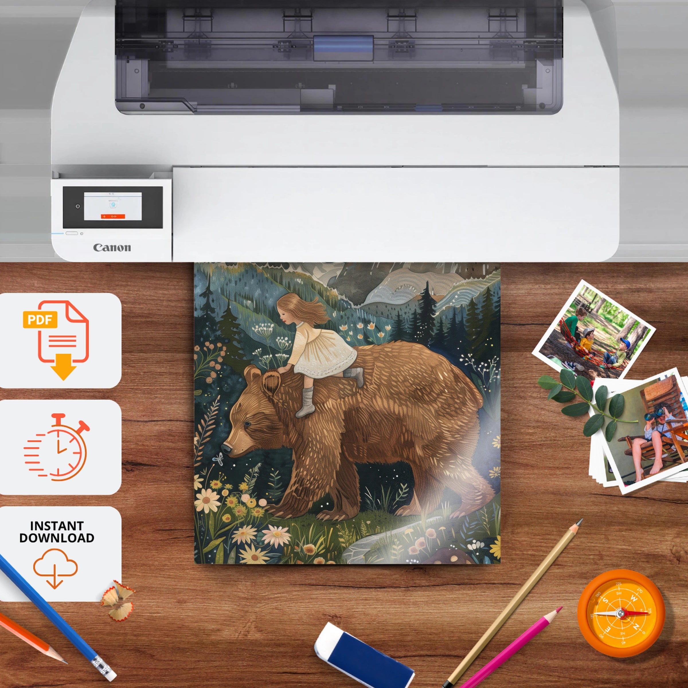 Girl Riding a Bear Nursery Print - printable nursery wall art, instant download to print at home
