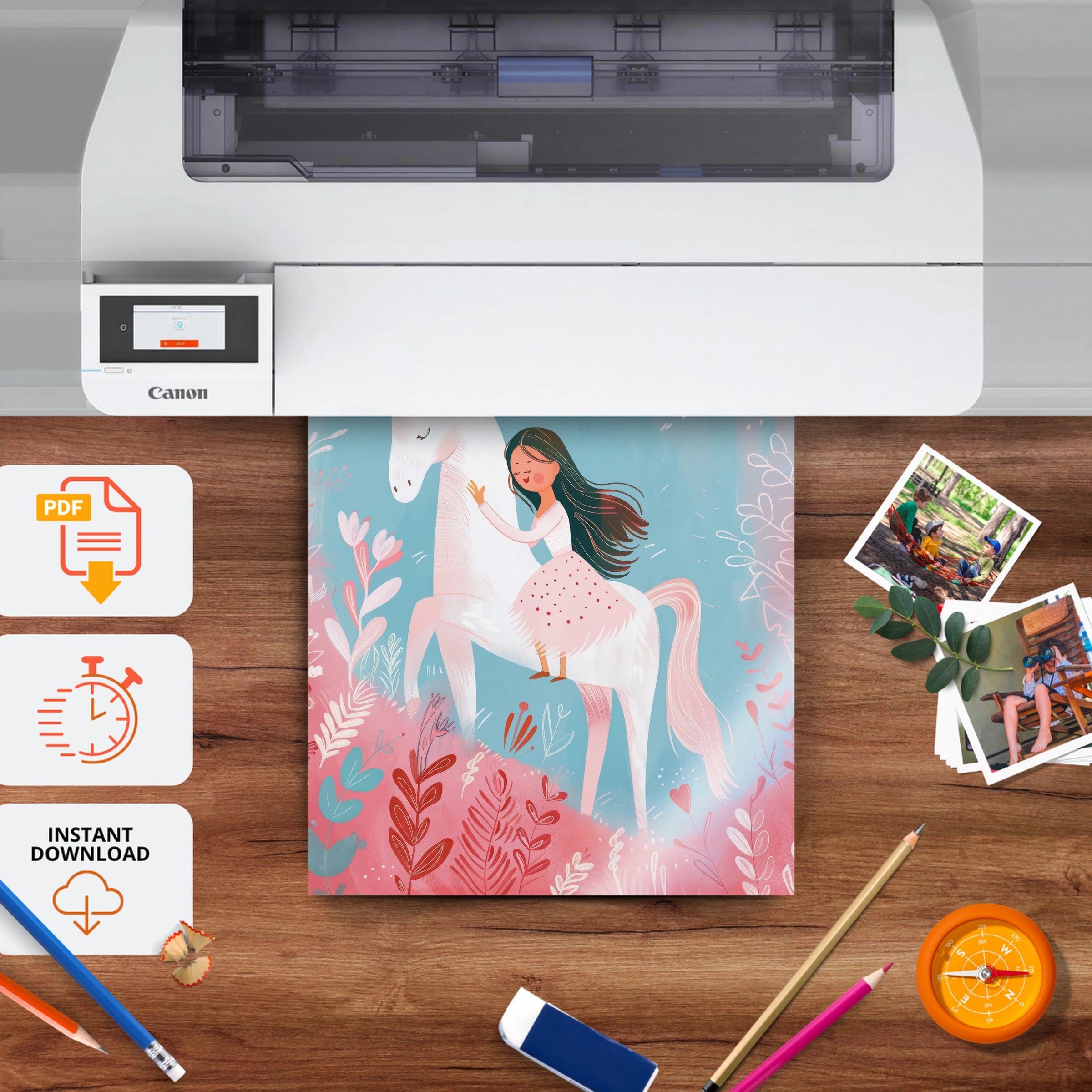 Girl Riding a Unicorn Nursery Print - printable nursery wall art, instant download to print at home