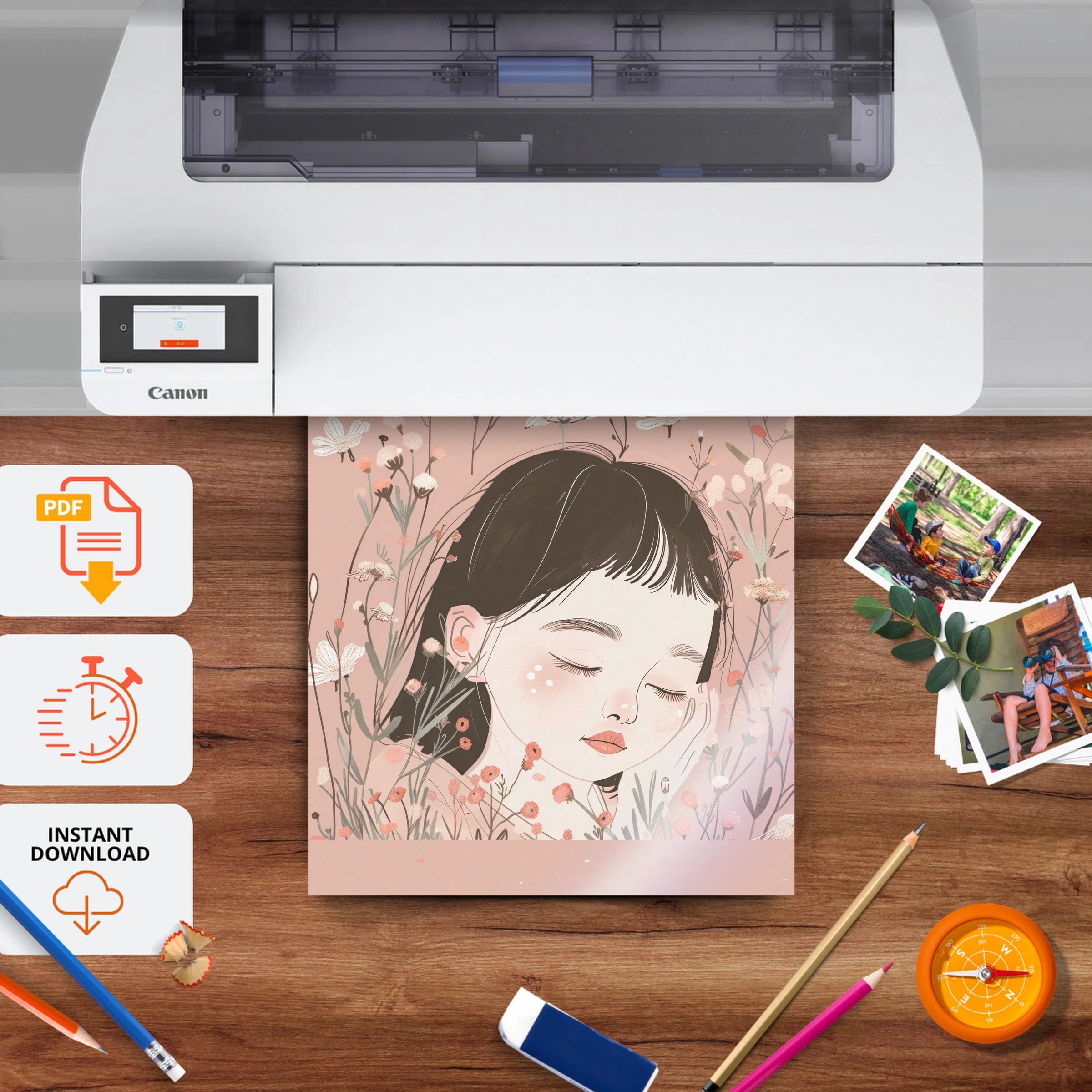 Girl Sleeping in Flowers Nursery Print - printable nursery wall art, instant download to print at home