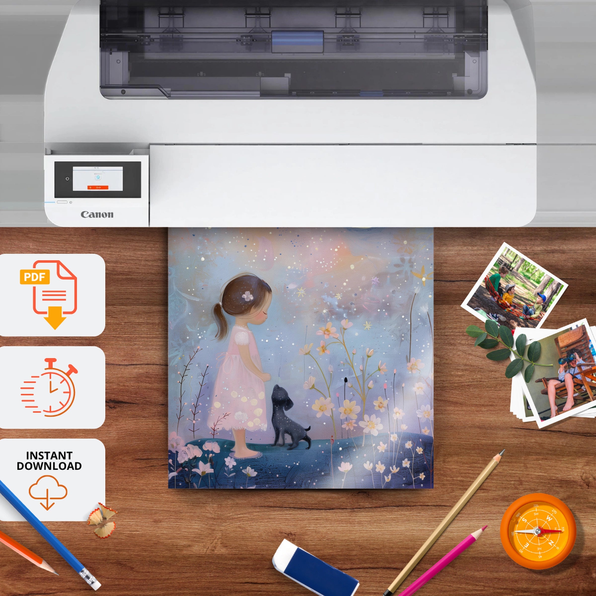 Girl Under the Moon Nursery Print - printable nursery wall art, instant download to print at home