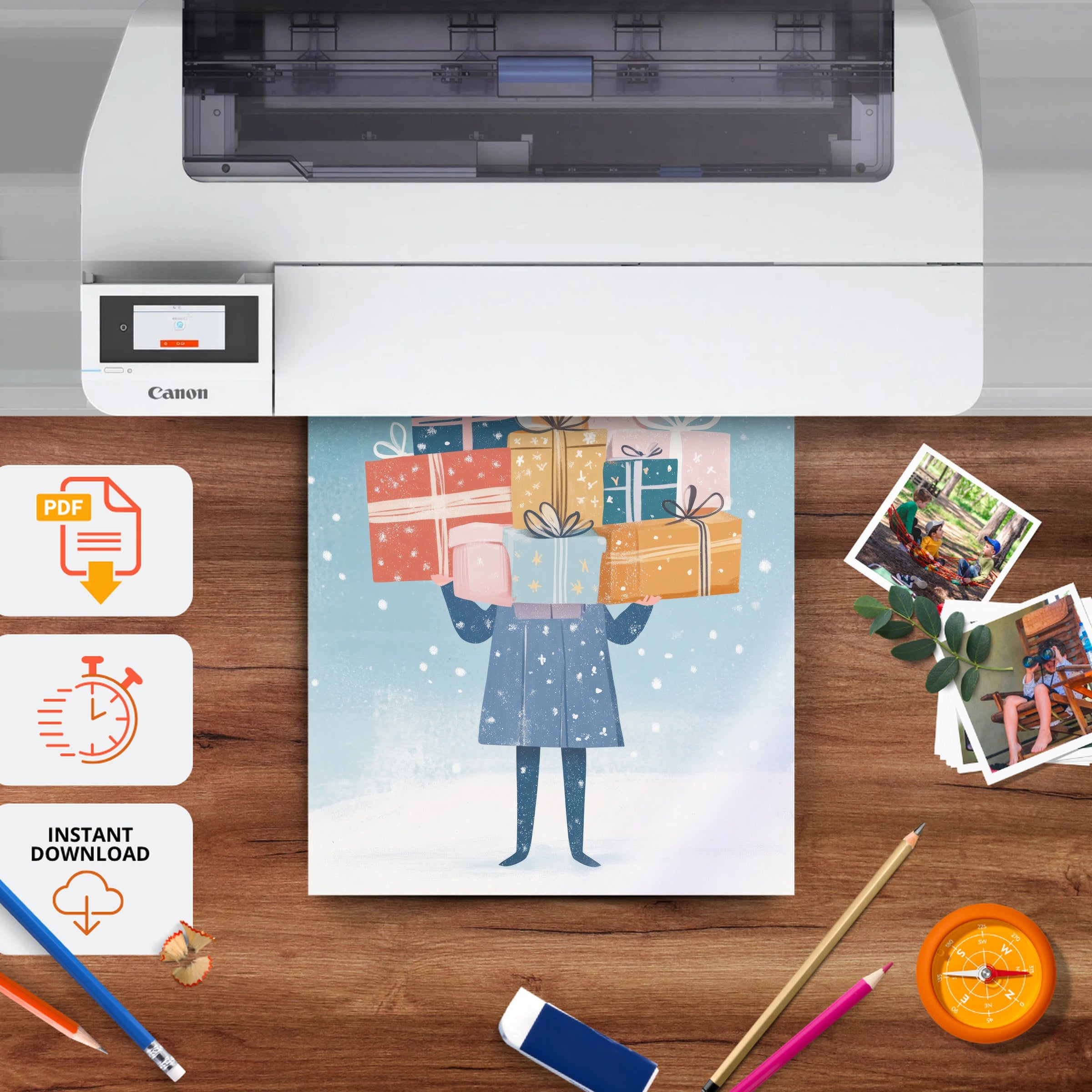 Girl with a Stack of Gifts Christmas Print - printable nursery wall art, instant download to print at home