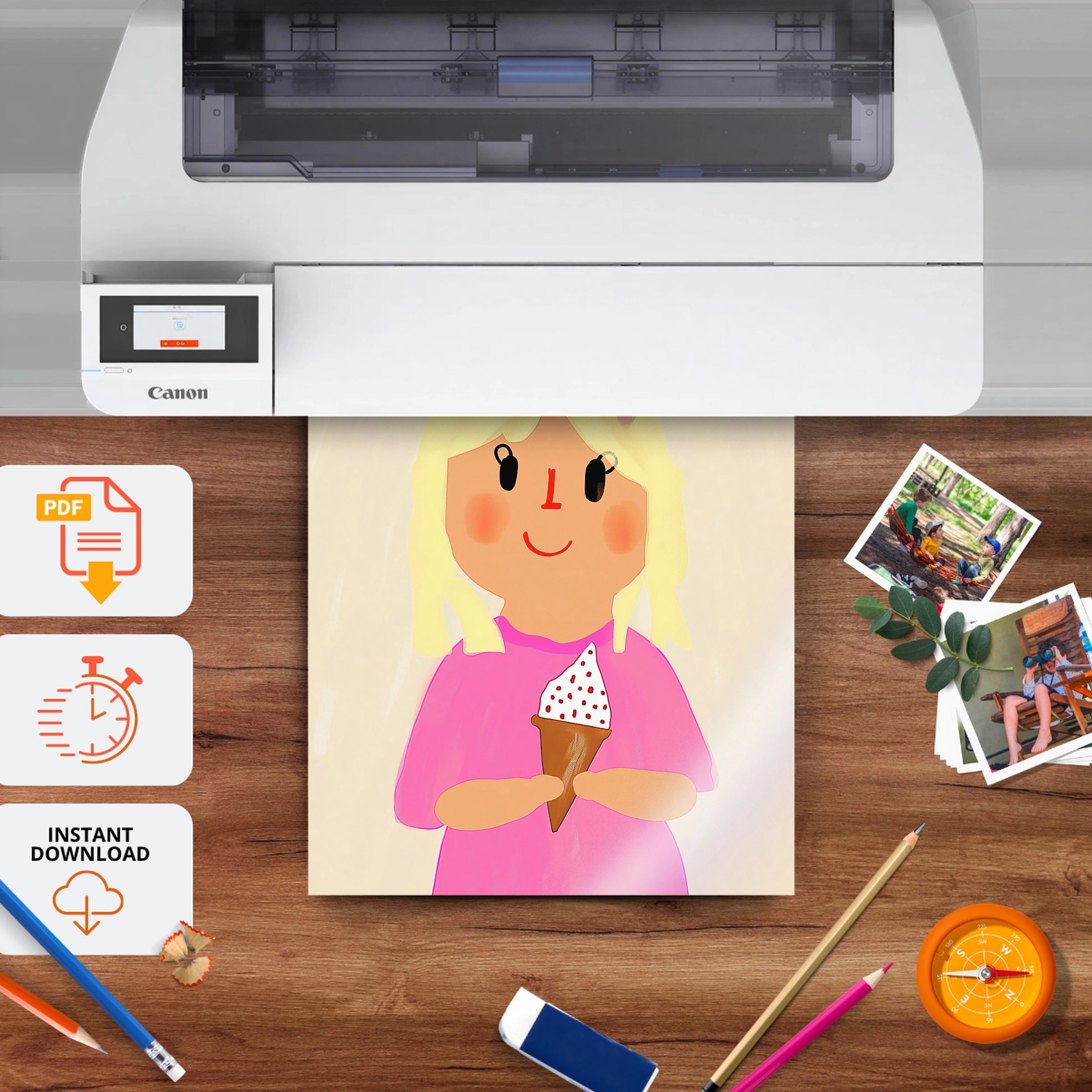 Girl with an Ice Cream Nursery Print - printable nursery wall art, instant download to print at home