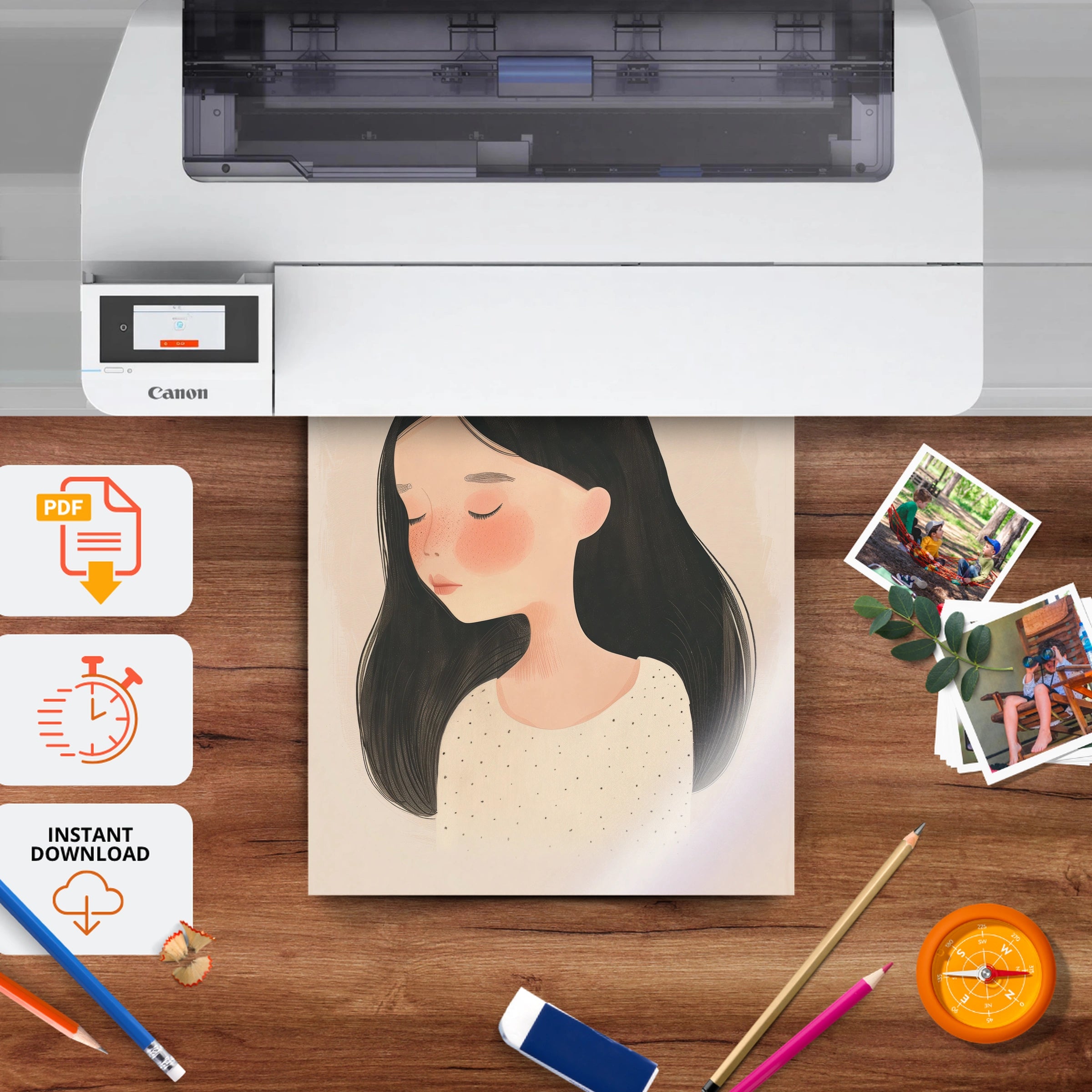 Girl with Dark Hair Nursery Print - printable nursery wall art, instant download to print at home