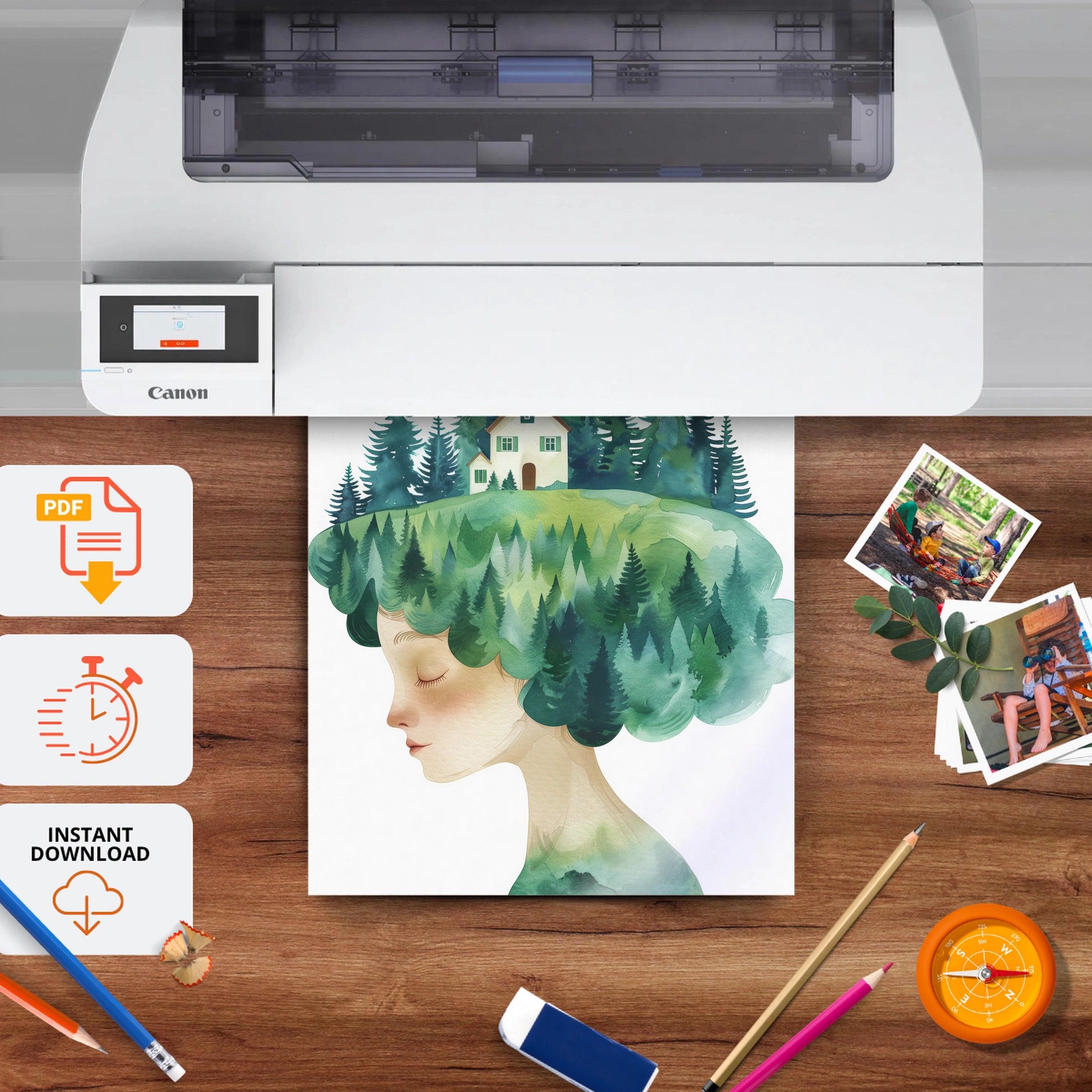 Girl with Forest Hair Nursery Print - printable nursery wall art, instant download to print at home