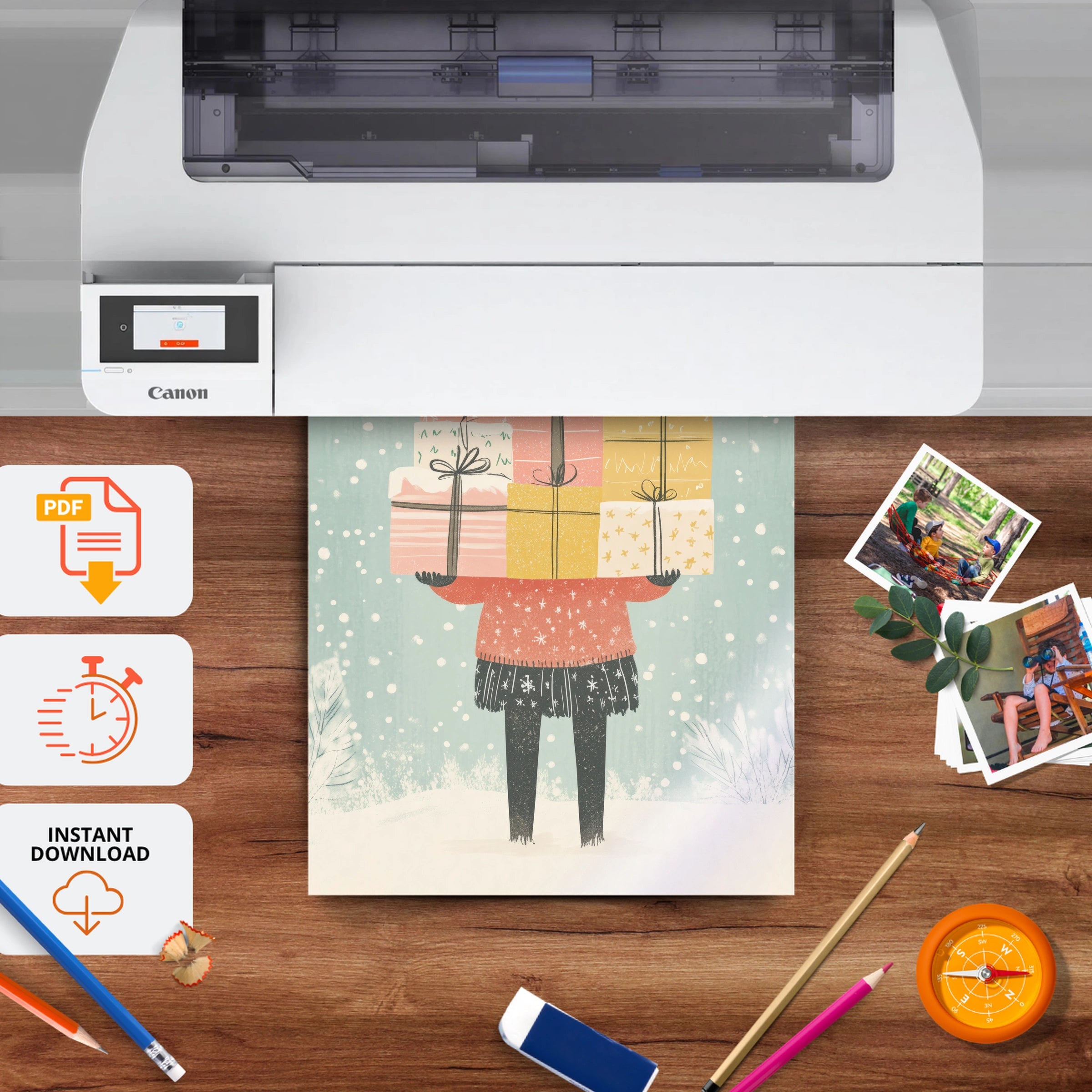 Girl with Gifts Christmas Print - printable nursery wall art, instant download to print at home
