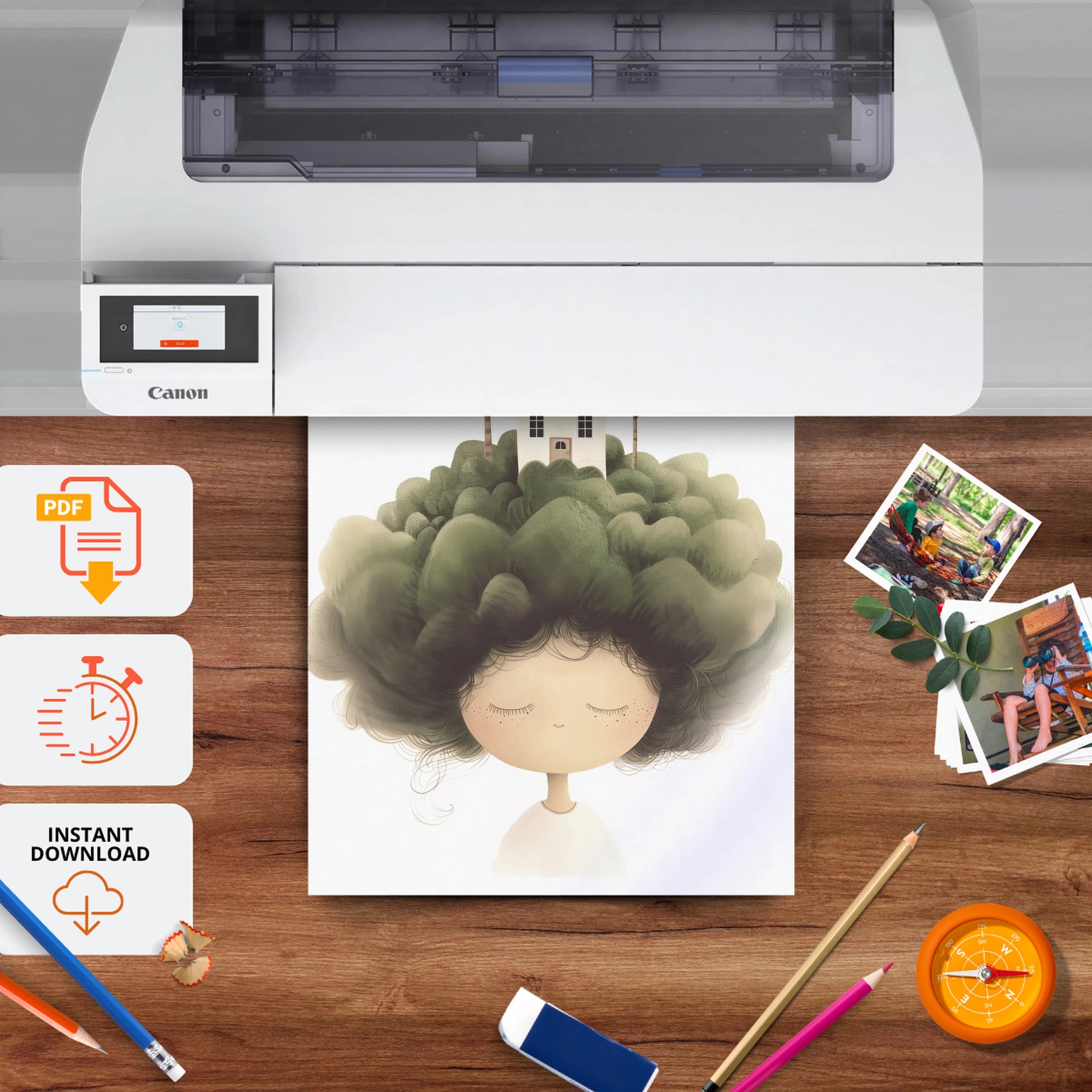 Girl with Tree Hair Nursery Print - printable nursery wall art, instant download to print at home
