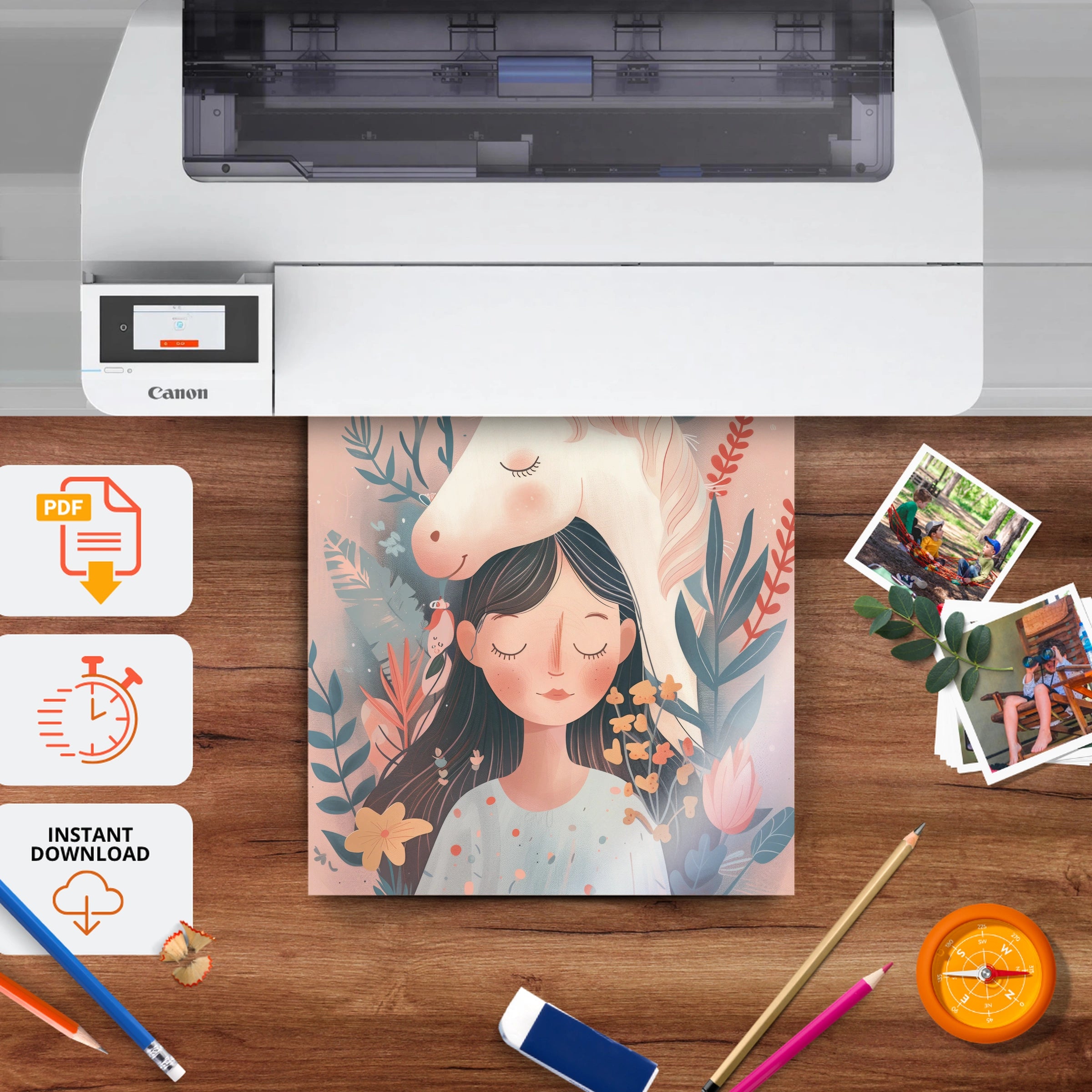 Girl with Unicorn Hair Nursery Print - printable nursery wall art, instant download to print at home