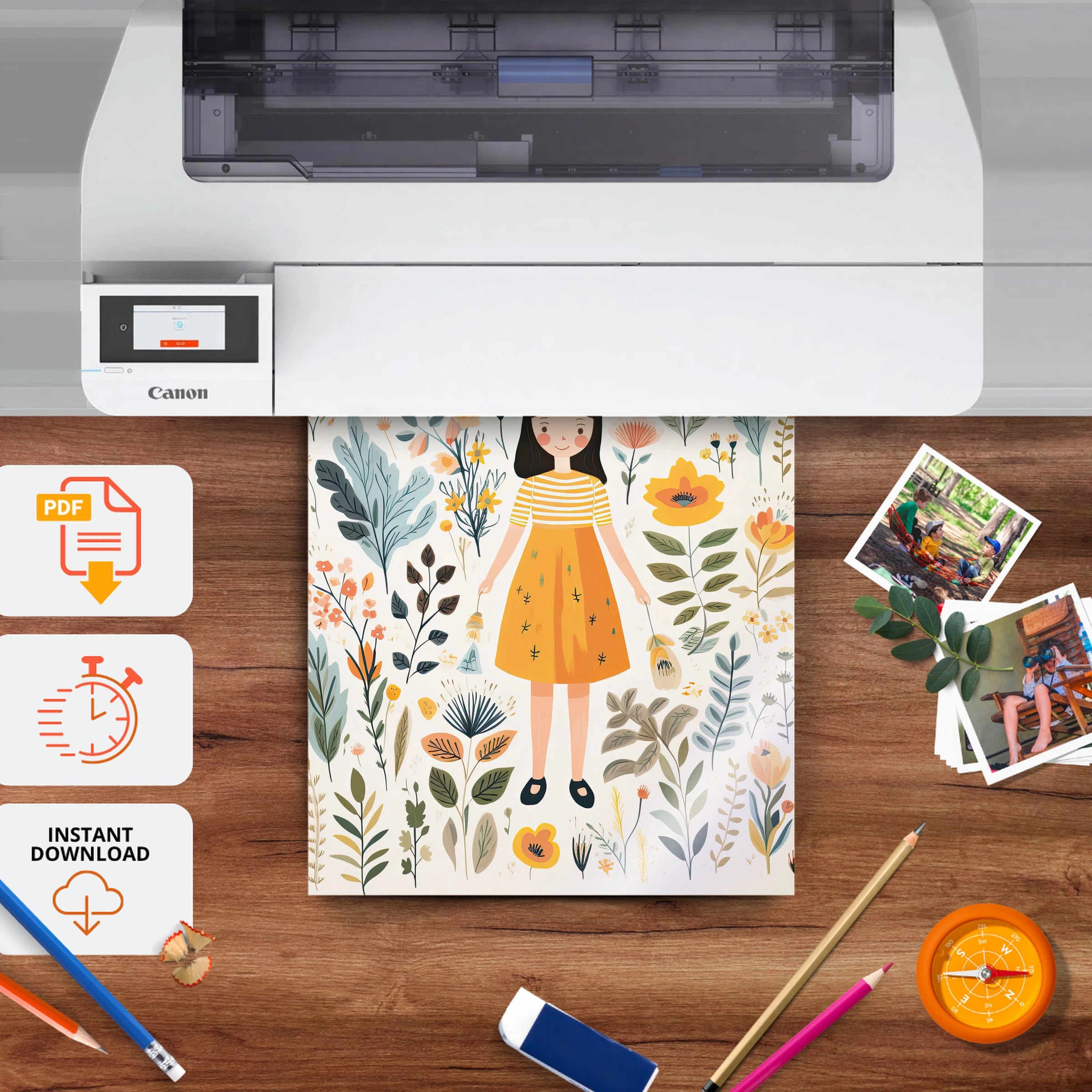 Girl With Wildflowers Nursery Print - printable nursery wall art, instant download to print at home
