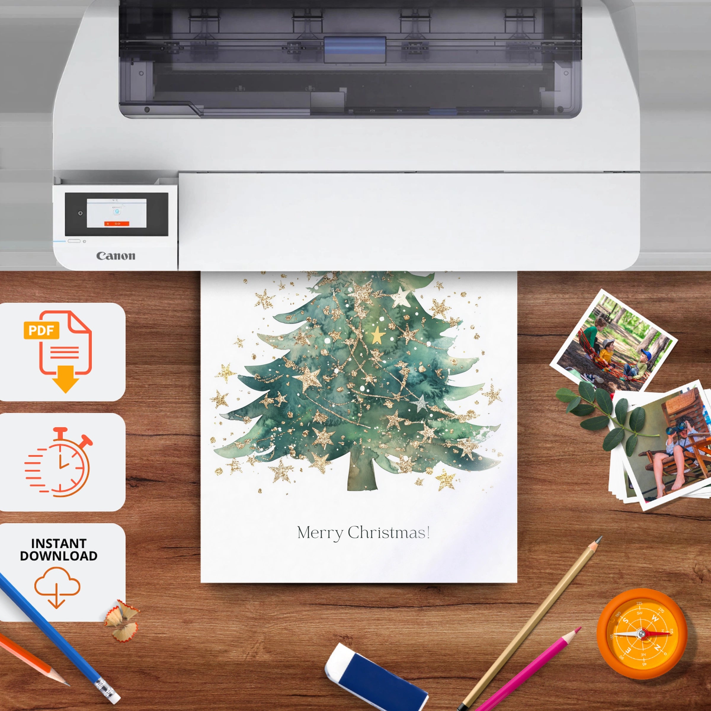 Golden Christmas Tree Print - printable nursery wall art, instant download to print at home