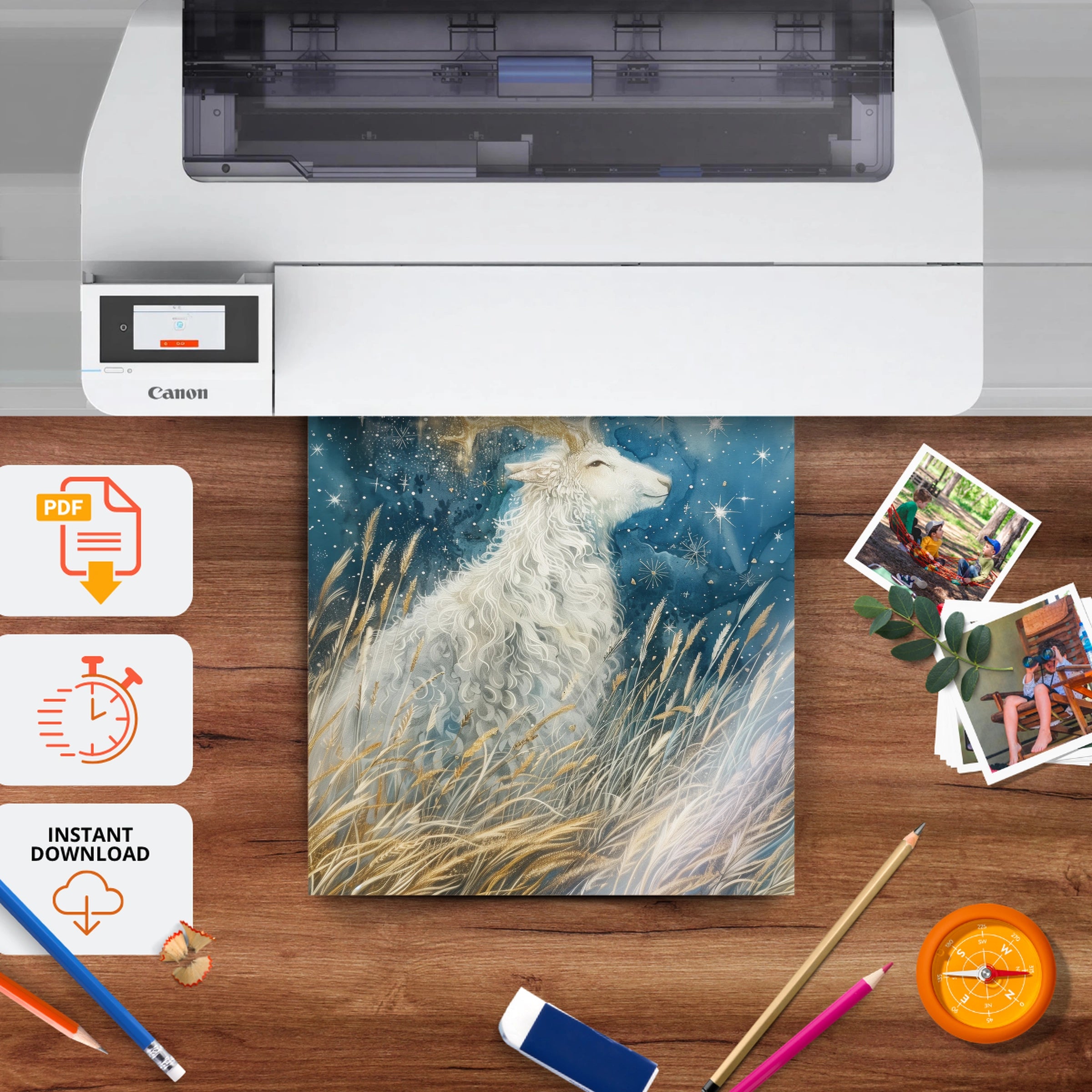 Golden Deer at Night Nursery Print - printable nursery wall art, instant download to print at home