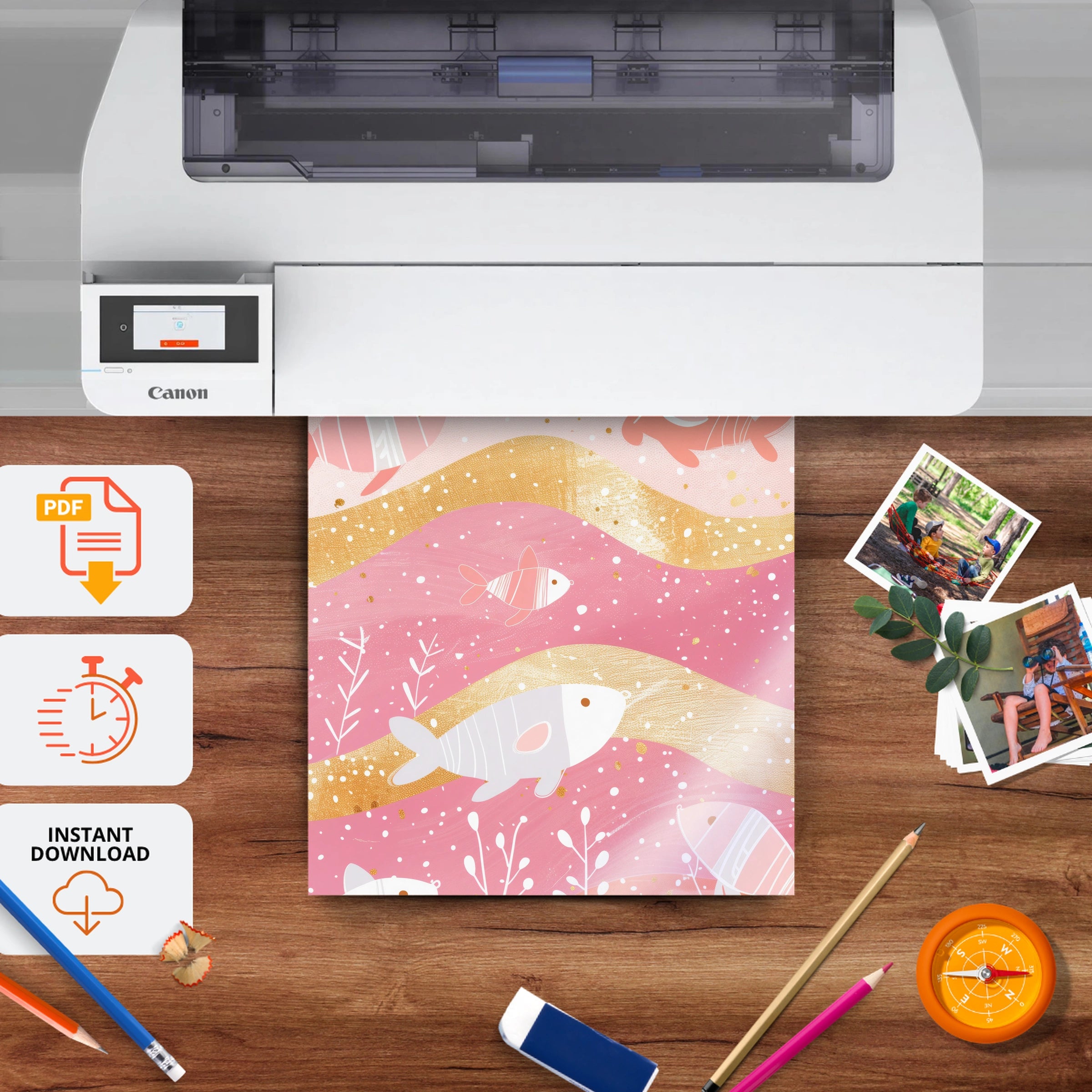 Golden Fish Waves Nursery Print - printable nursery wall art, instant download to print at home