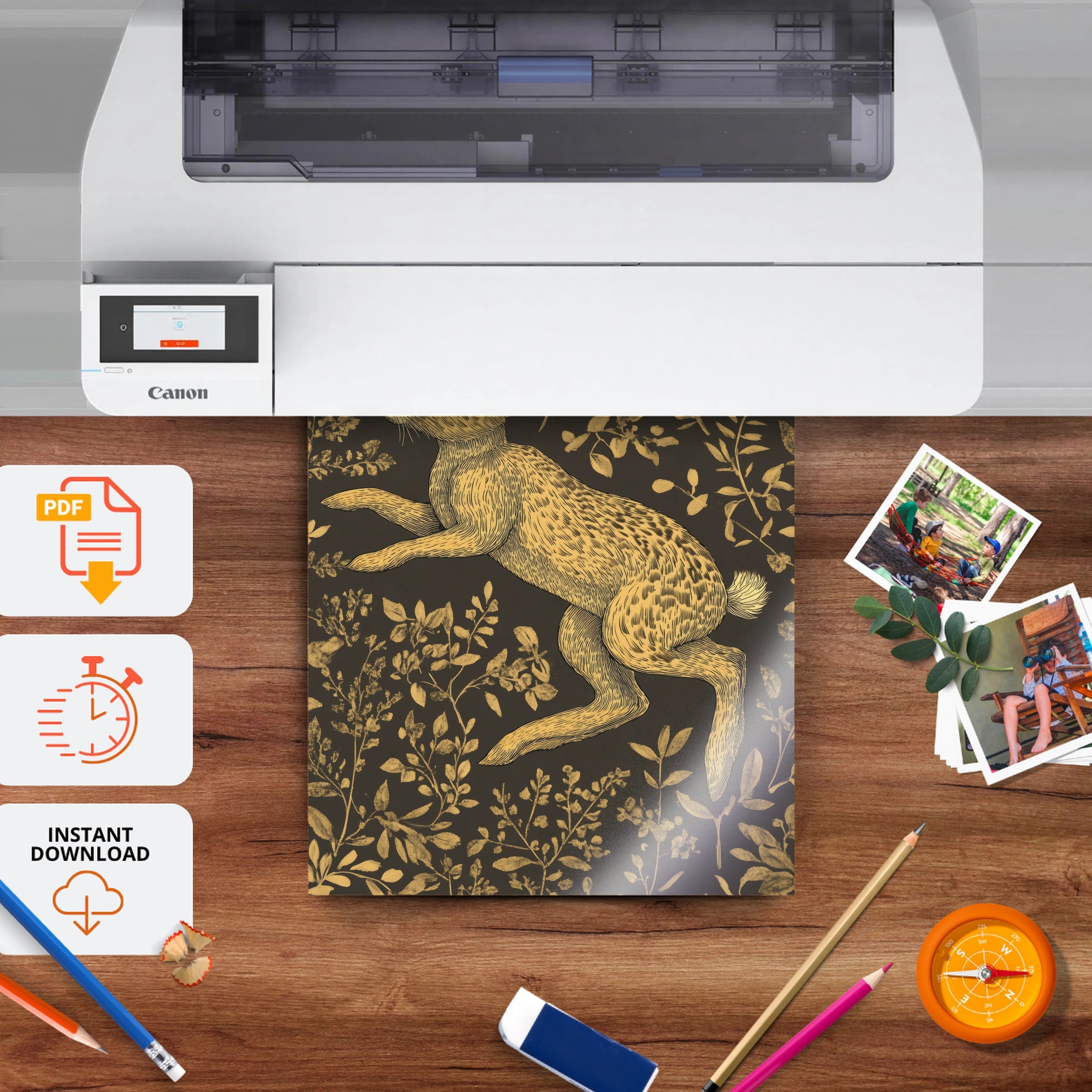 Golden Hare Nursery Print - printable nursery wall art, instant download to print at home