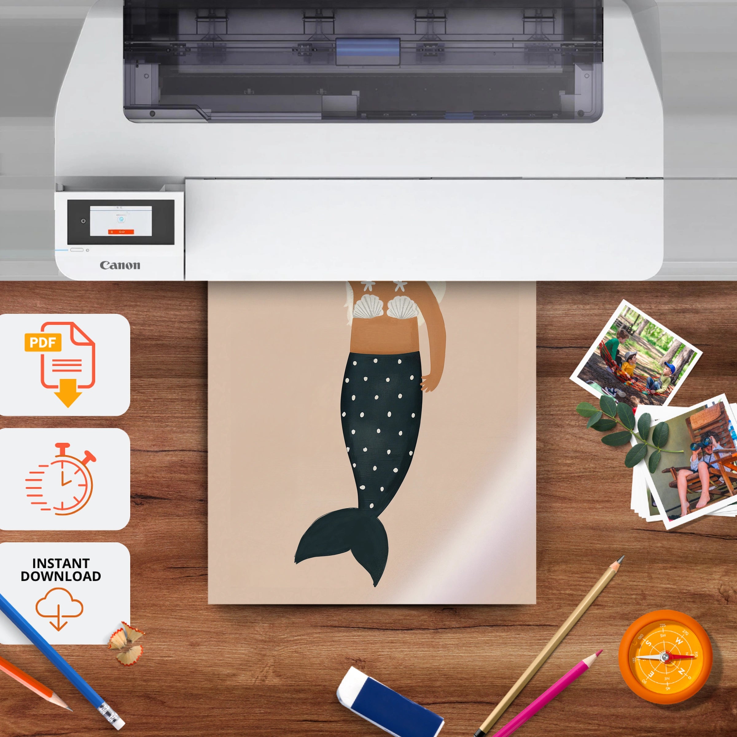 Golden Mermaid Nursery Print - printable nursery wall art, instant download to print at home