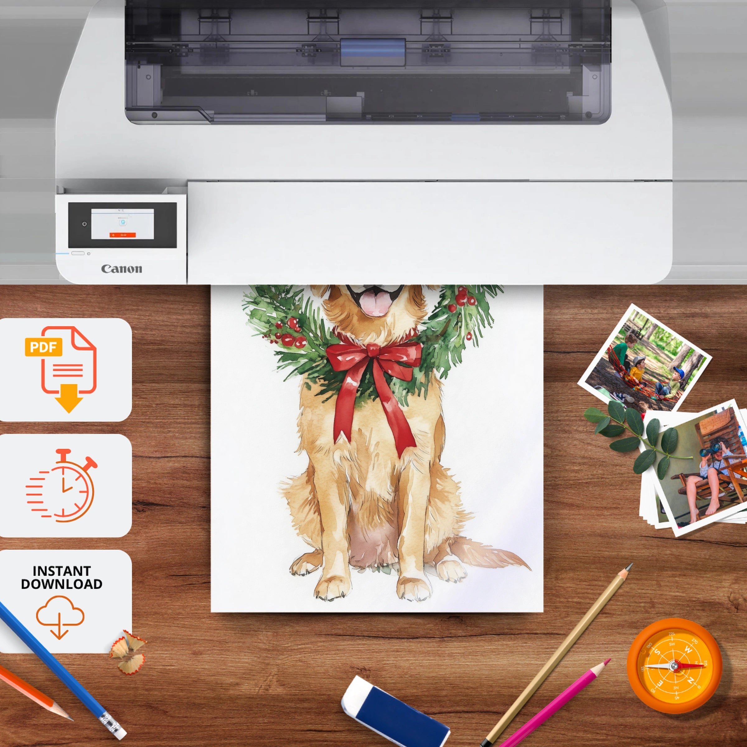 Golden Retriever with a Wreath Christmas Print - printable nursery wall art, instant download to print at home