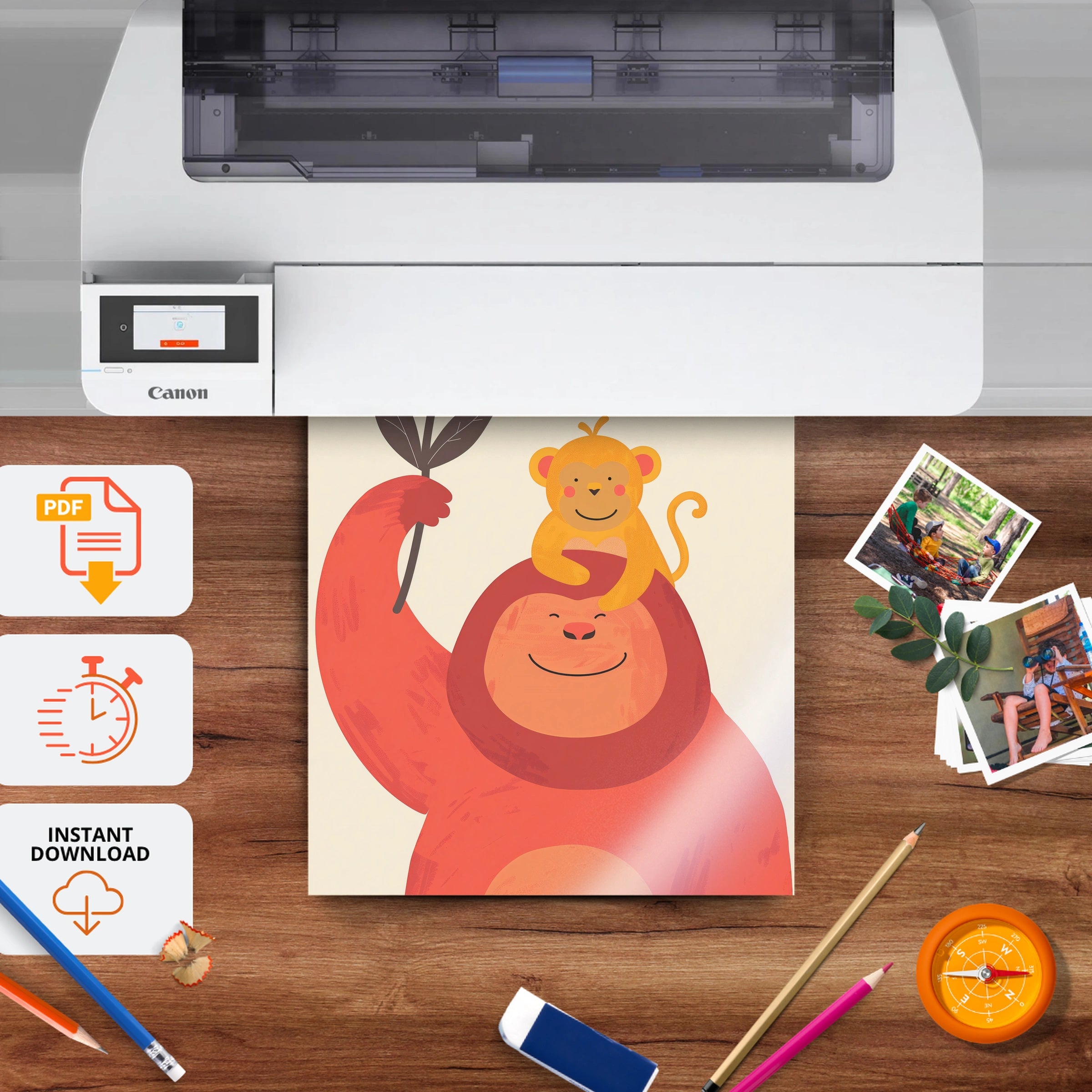 Gorilla and Monkey Nursery Print - printable nursery wall art, instant download to print at home