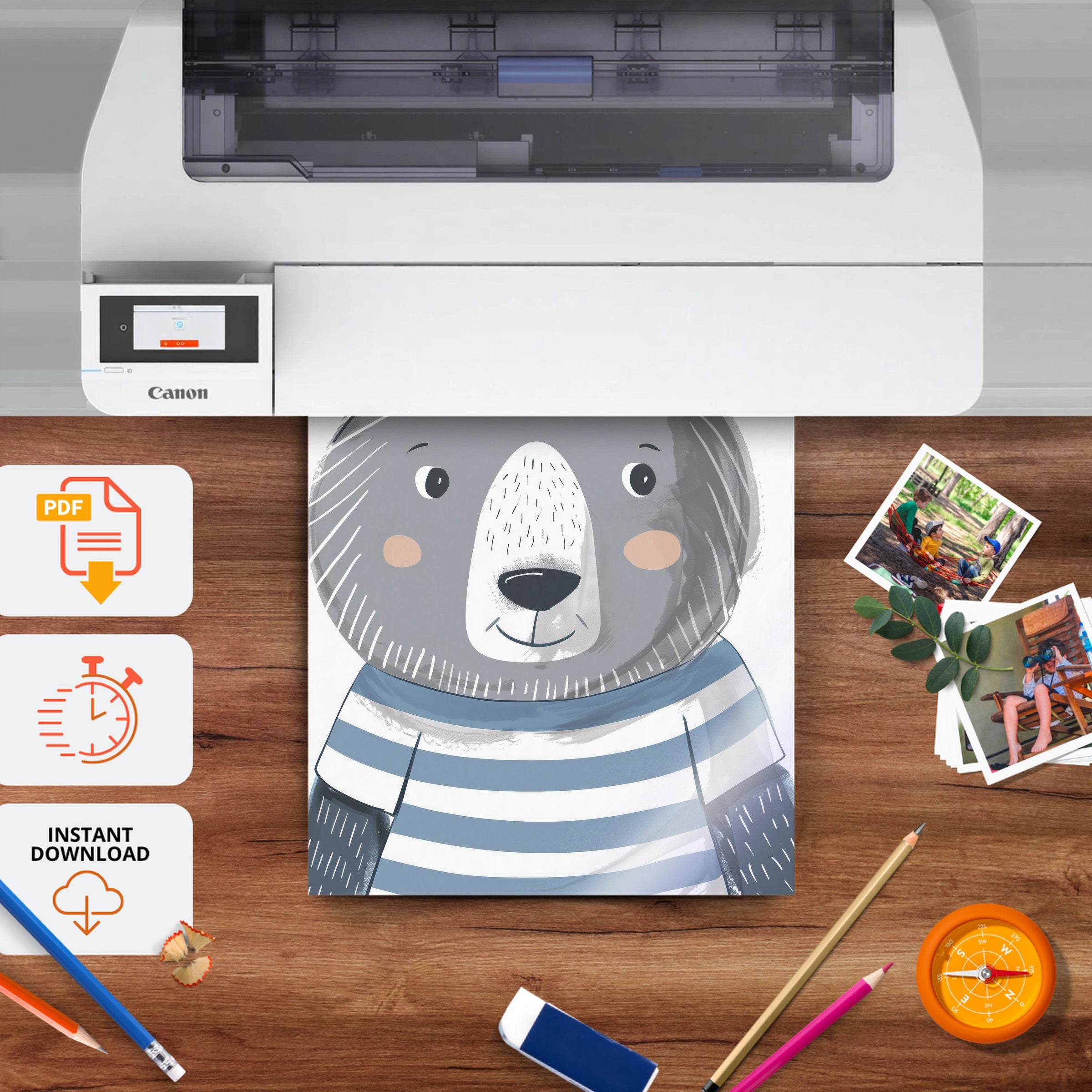 Grey Bear Nursery Print - printable nursery wall art, instant download to print at home