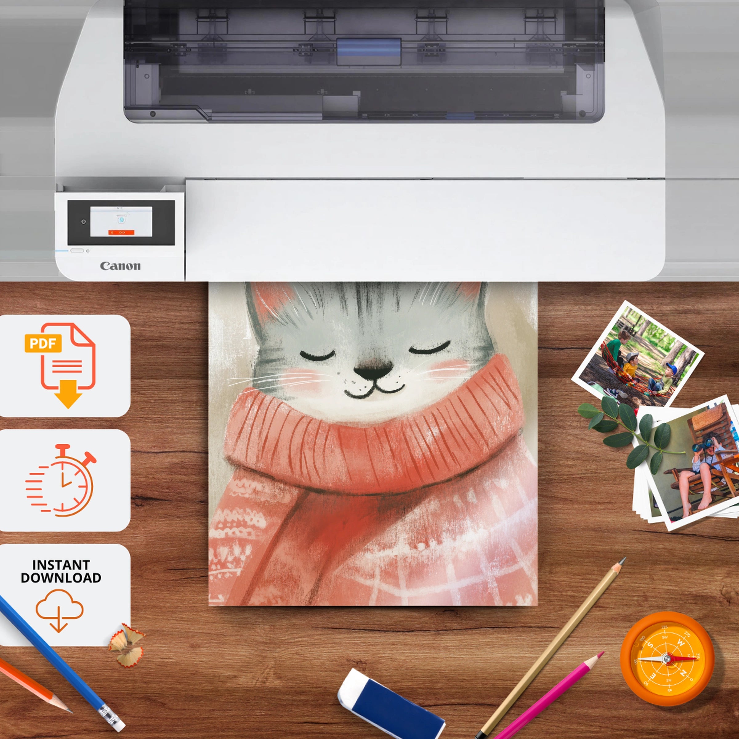 Grey Cat in a Scarf Christmas Print - printable nursery wall art, instant download to print at home