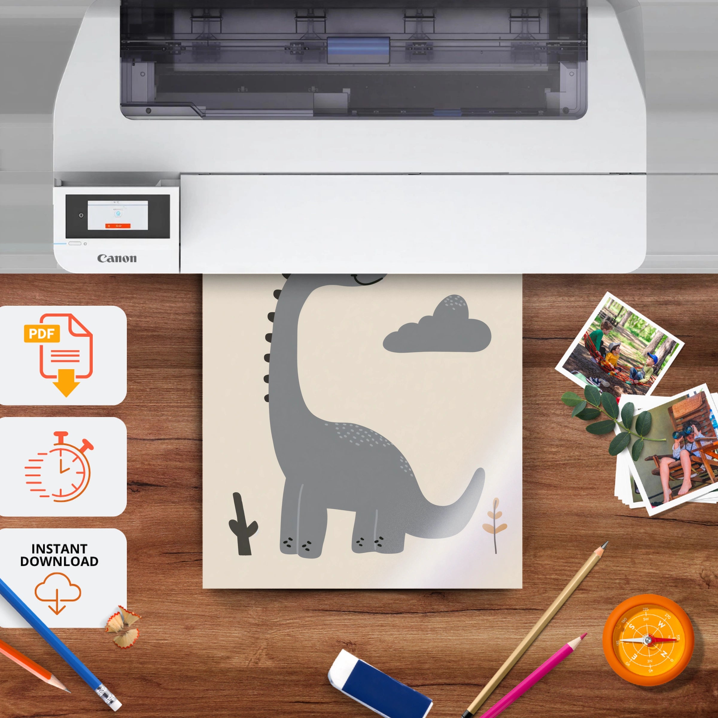 Grey Dinosaur and Sun Nursery Print - printable nursery wall art, instant download to print at home