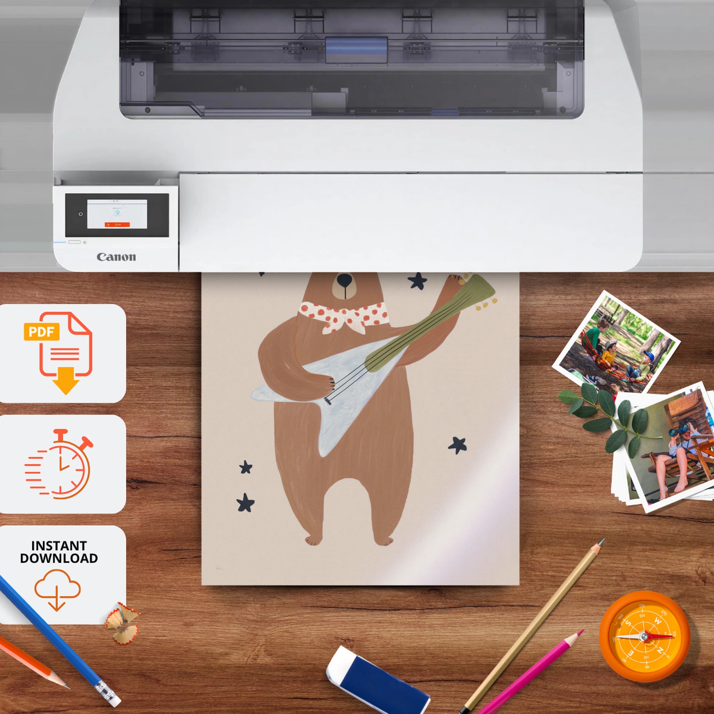 Guitar Bear Nursery Print - printable nursery wall art, instant download to print at home