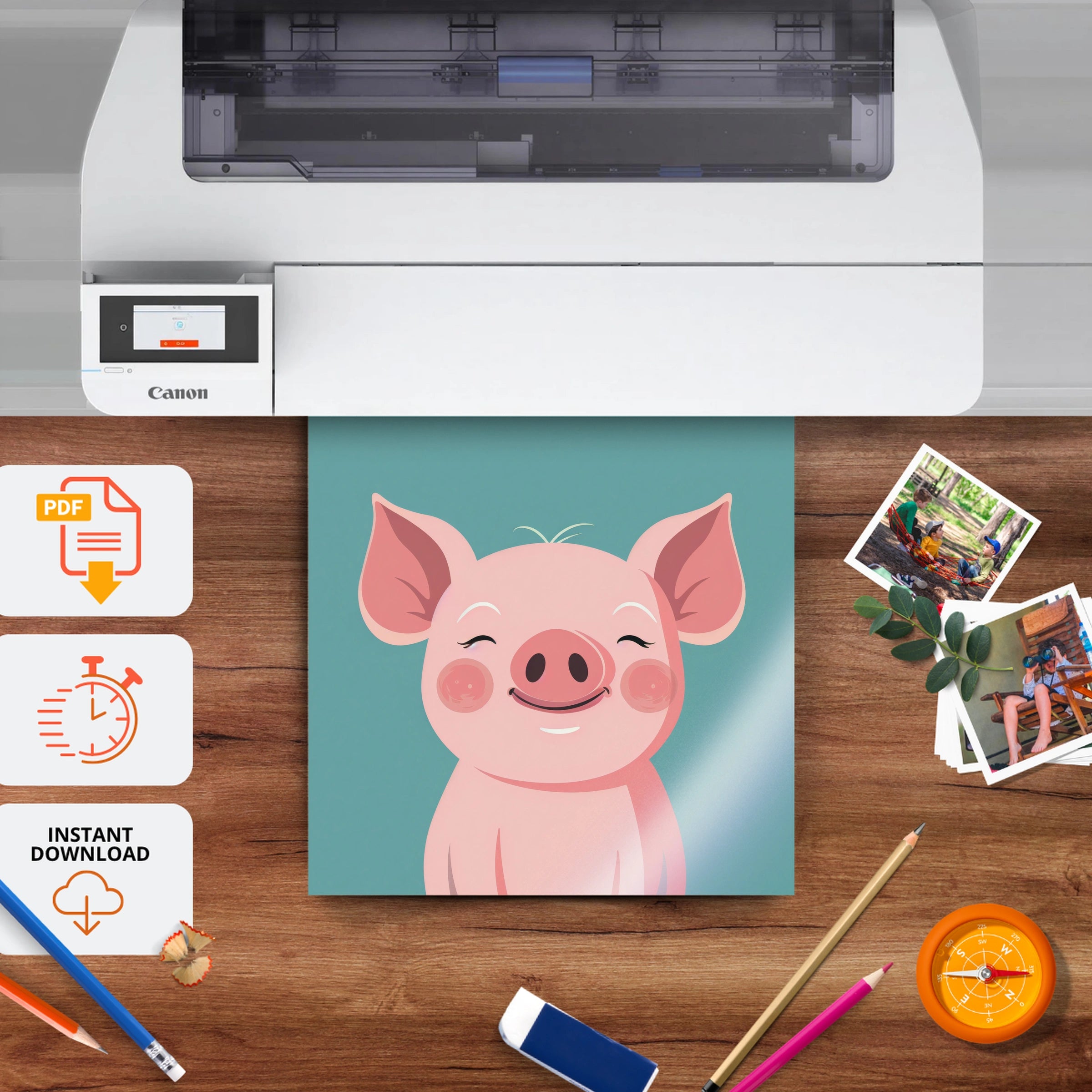 Happy Pig Nursery Print - printable nursery wall art, instant download to print at home