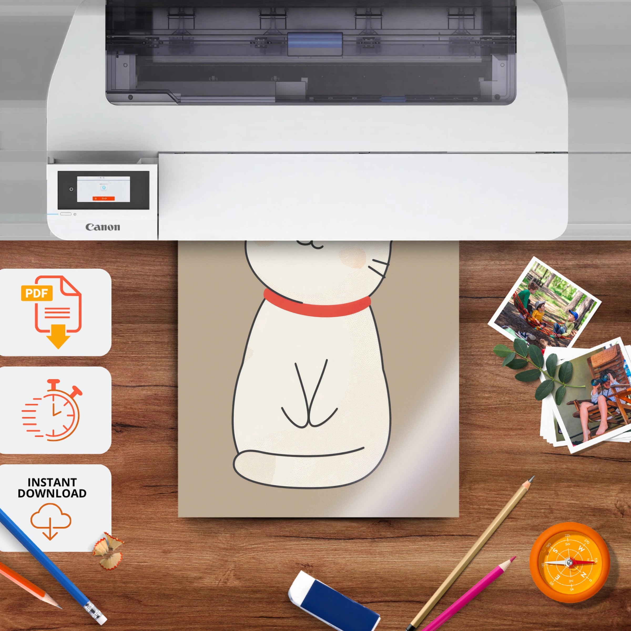 Happy White Cat Nursery Print - printable nursery wall art, instant download to print at home