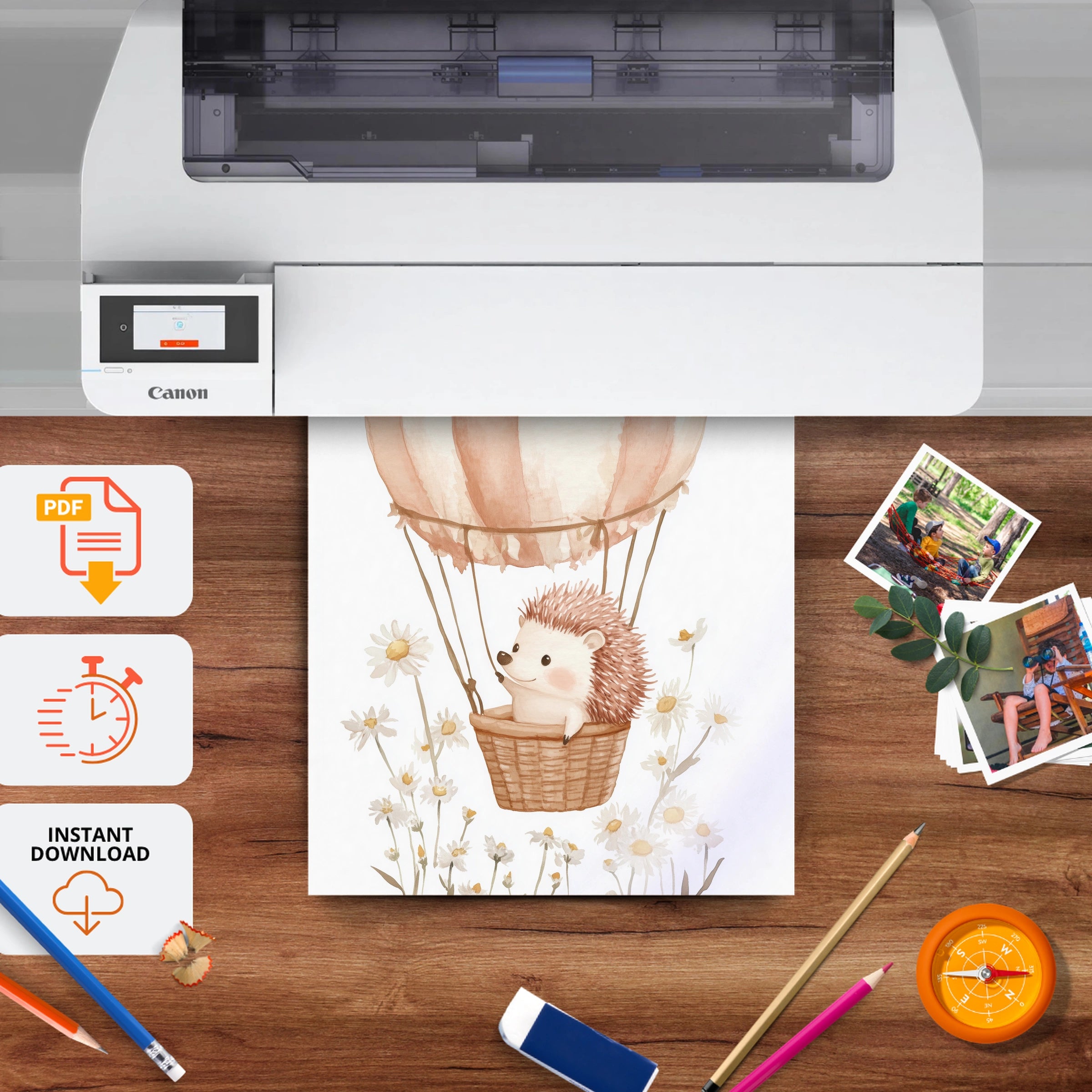 Hedgehog Hot Air Balloon Nursery Print - printable nursery wall art, instant download to print at home