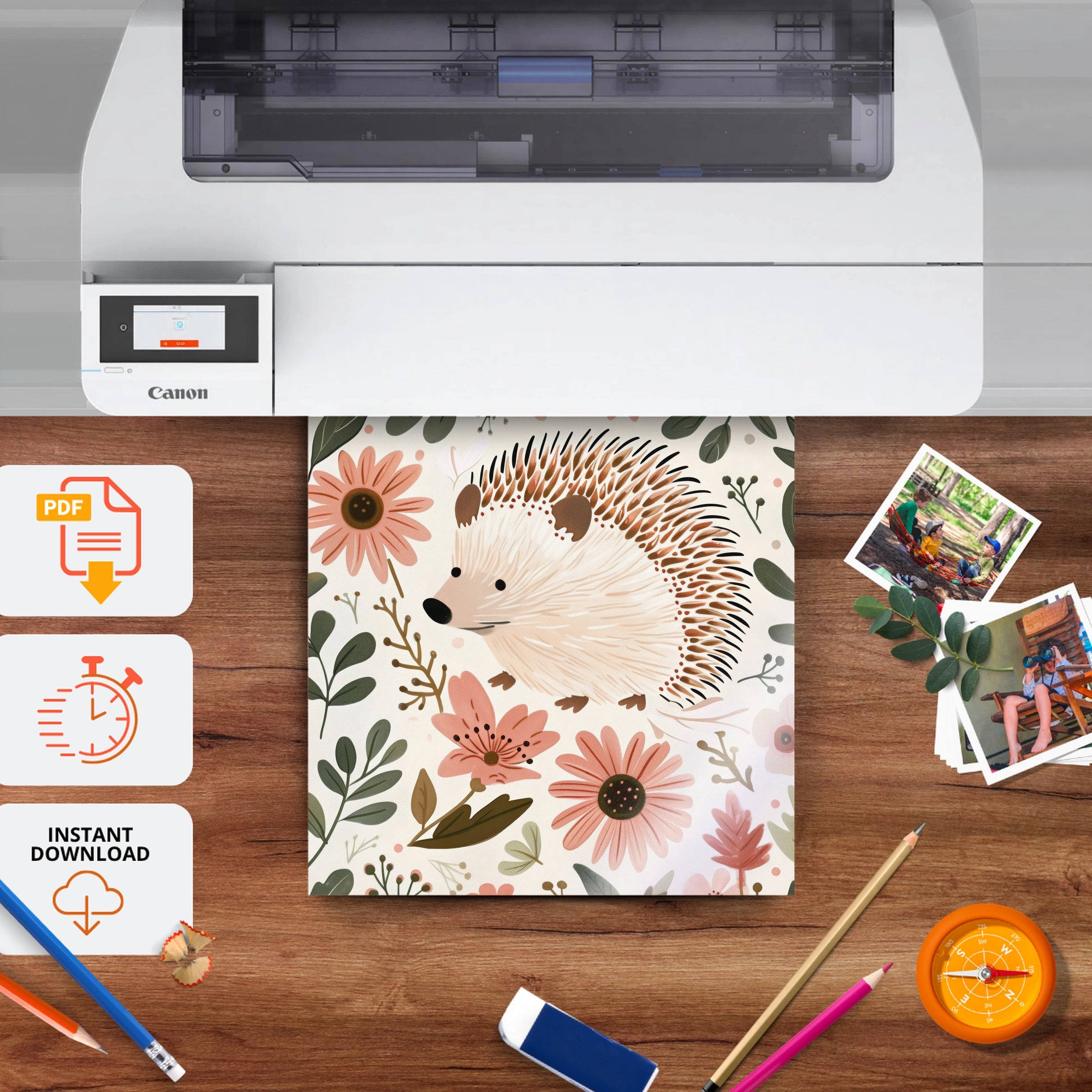 Hedgehog in Flowers Nursery Print - printable nursery wall art, instant download to print at home