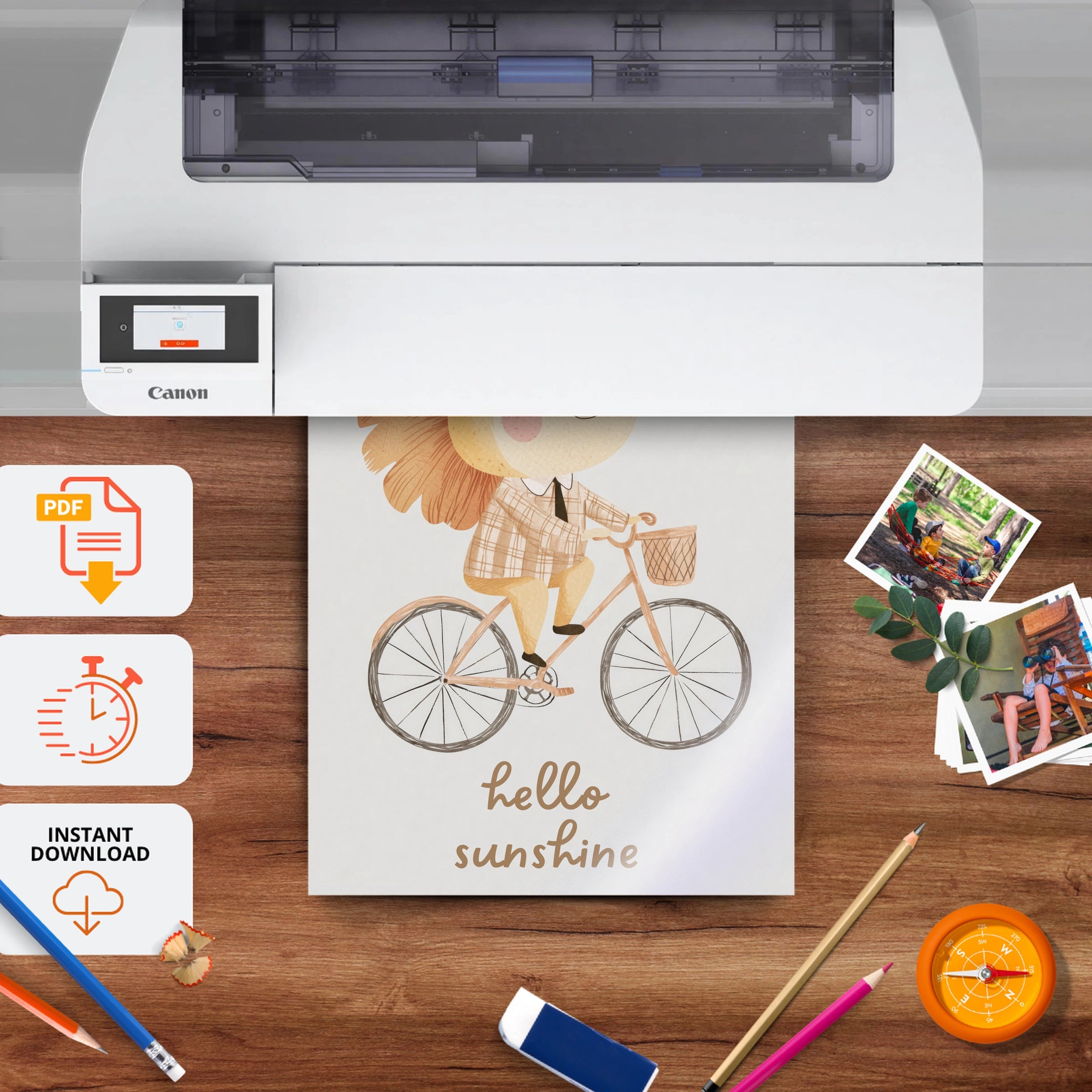 Hello Sunshine Cycling Lion Nursery Print - printable nursery wall art, instant download to print at home