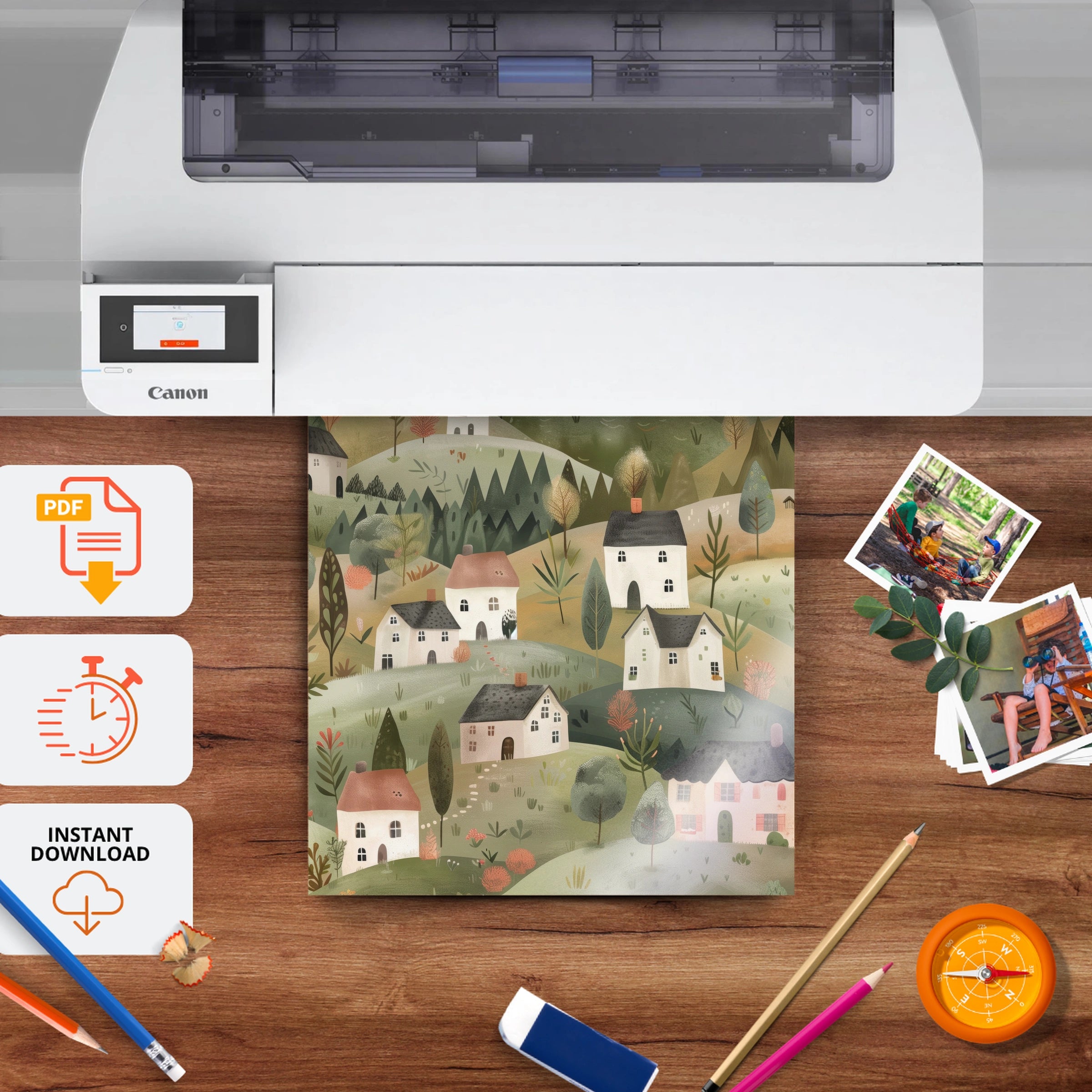 Hillside Houses Nursery Print - printable nursery wall art, instant download to print at home