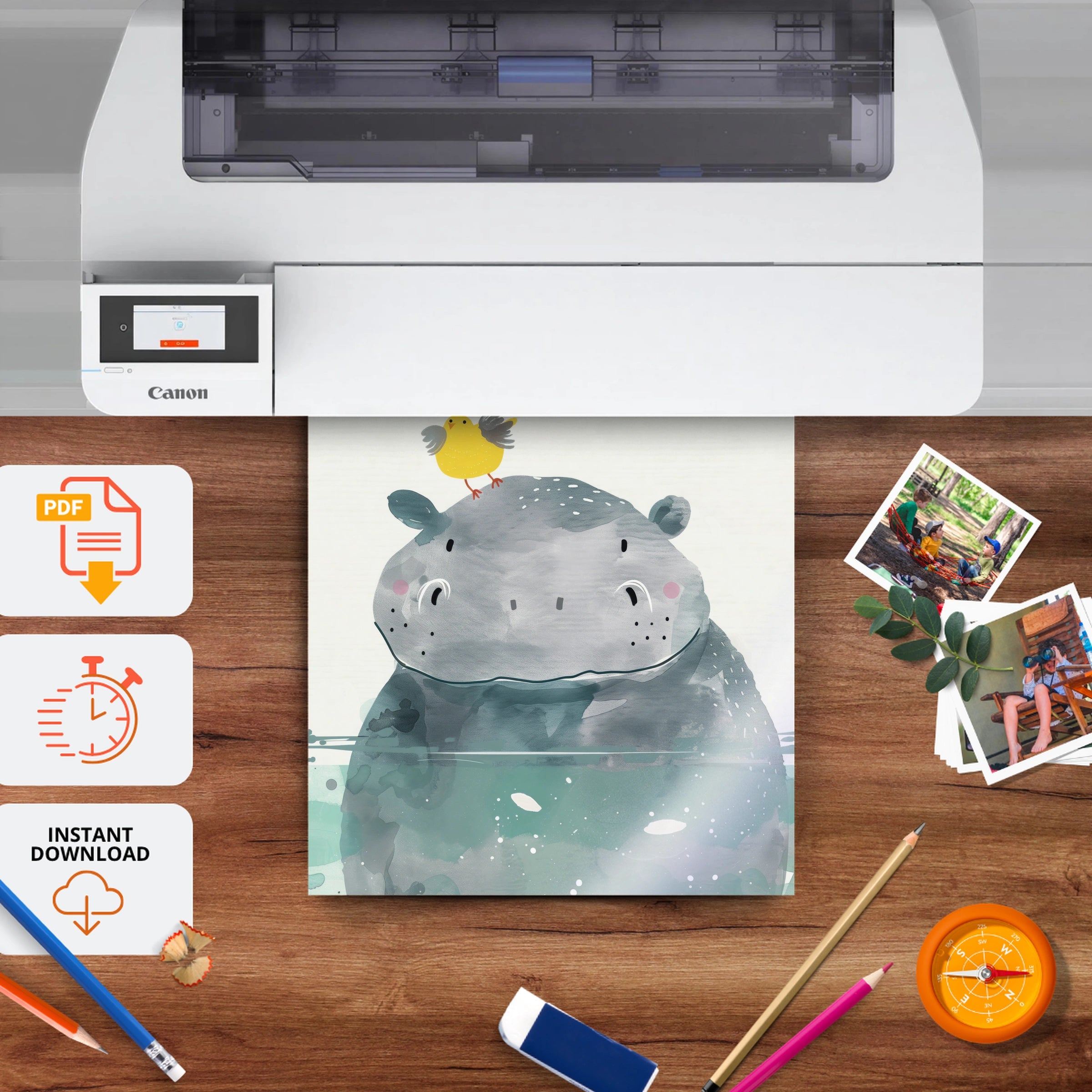 Hippo and a Bird Nursery Print - printable nursery wall art, instant download to print at home