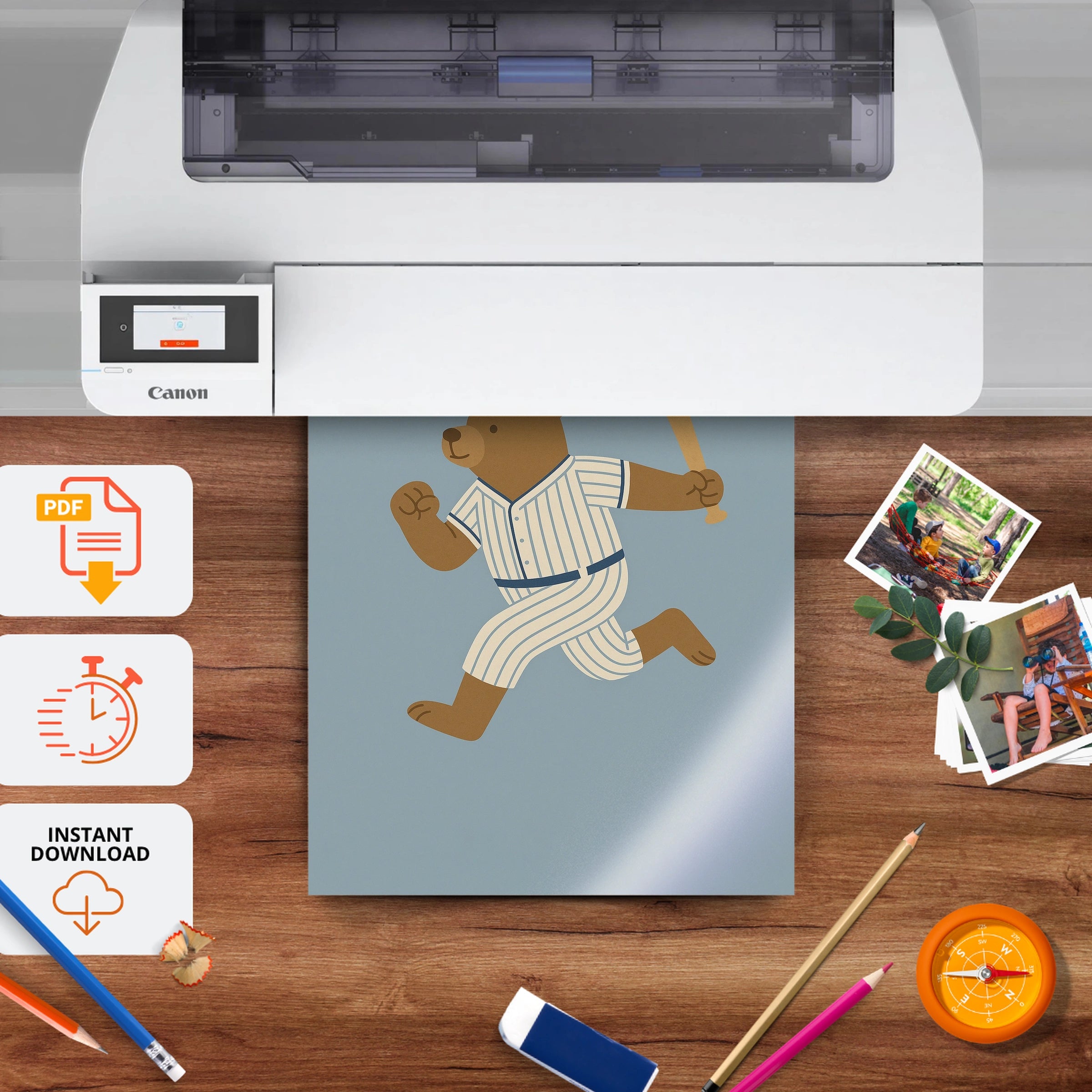 Home Run Bear Nursery Print - printable nursery wall art, instant download to print at home