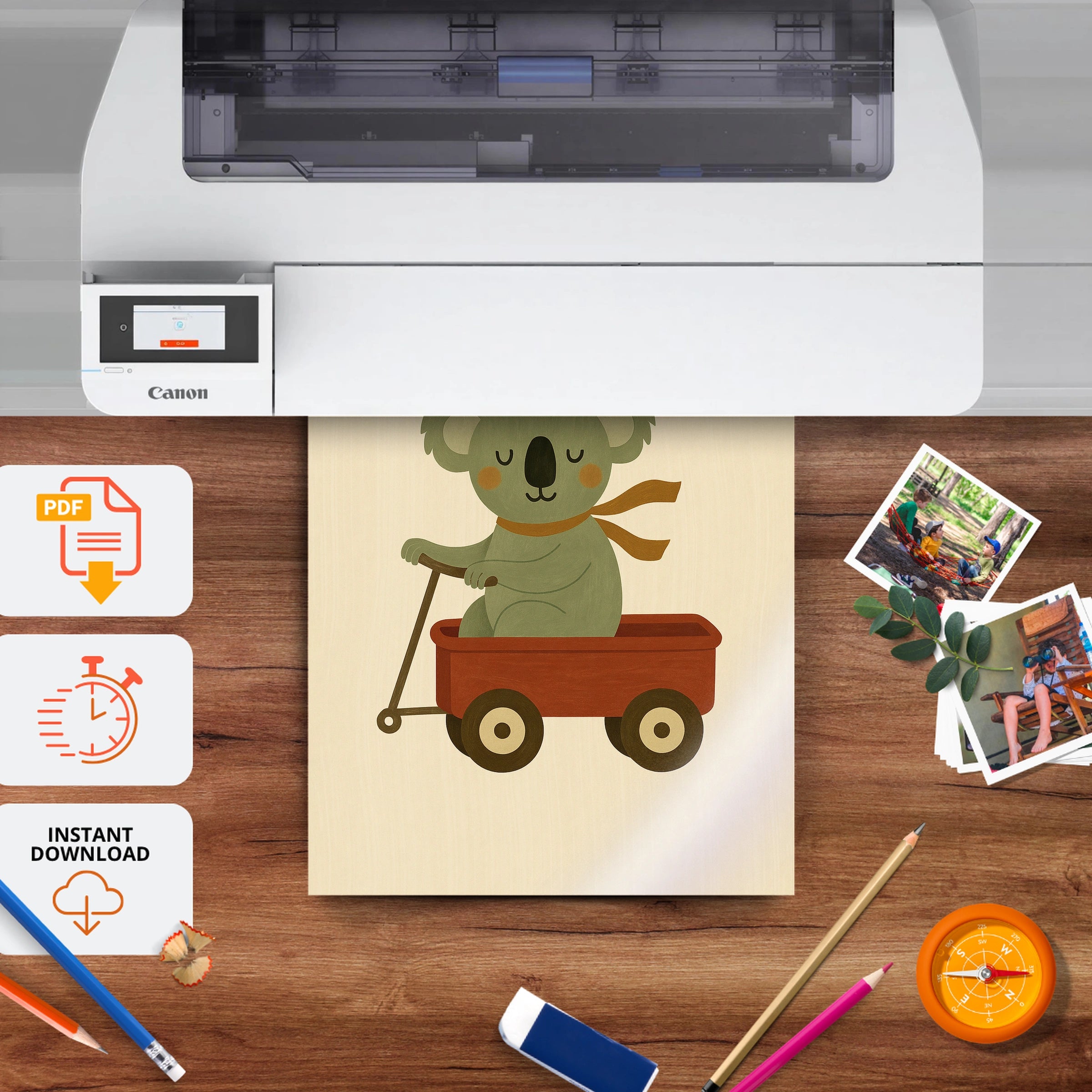 Koala in a Wagon Nursery Print - printable nursery wall art, instant download to print at home