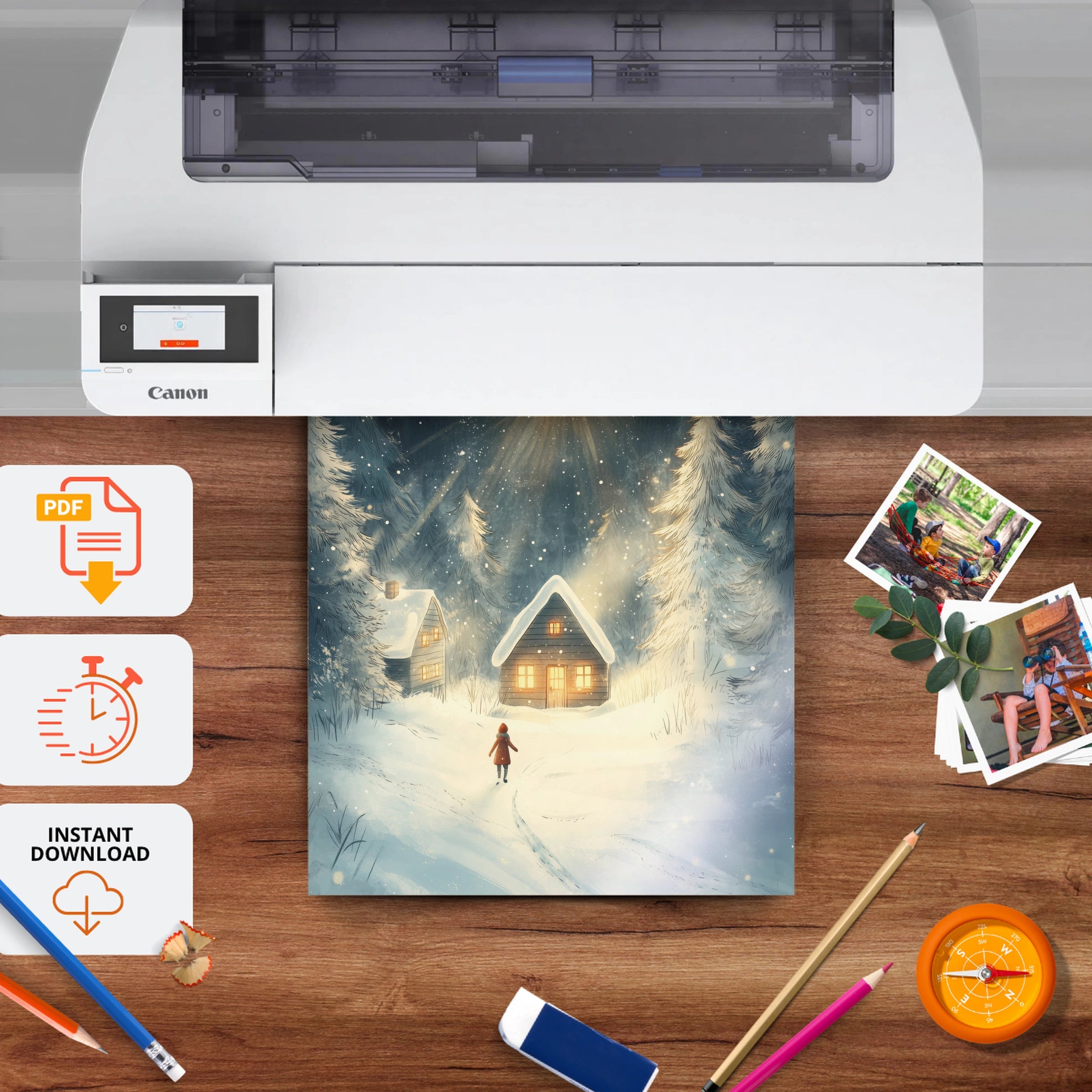 Lantern Cabin Christmas Print - printable nursery wall art, instant download to print at home