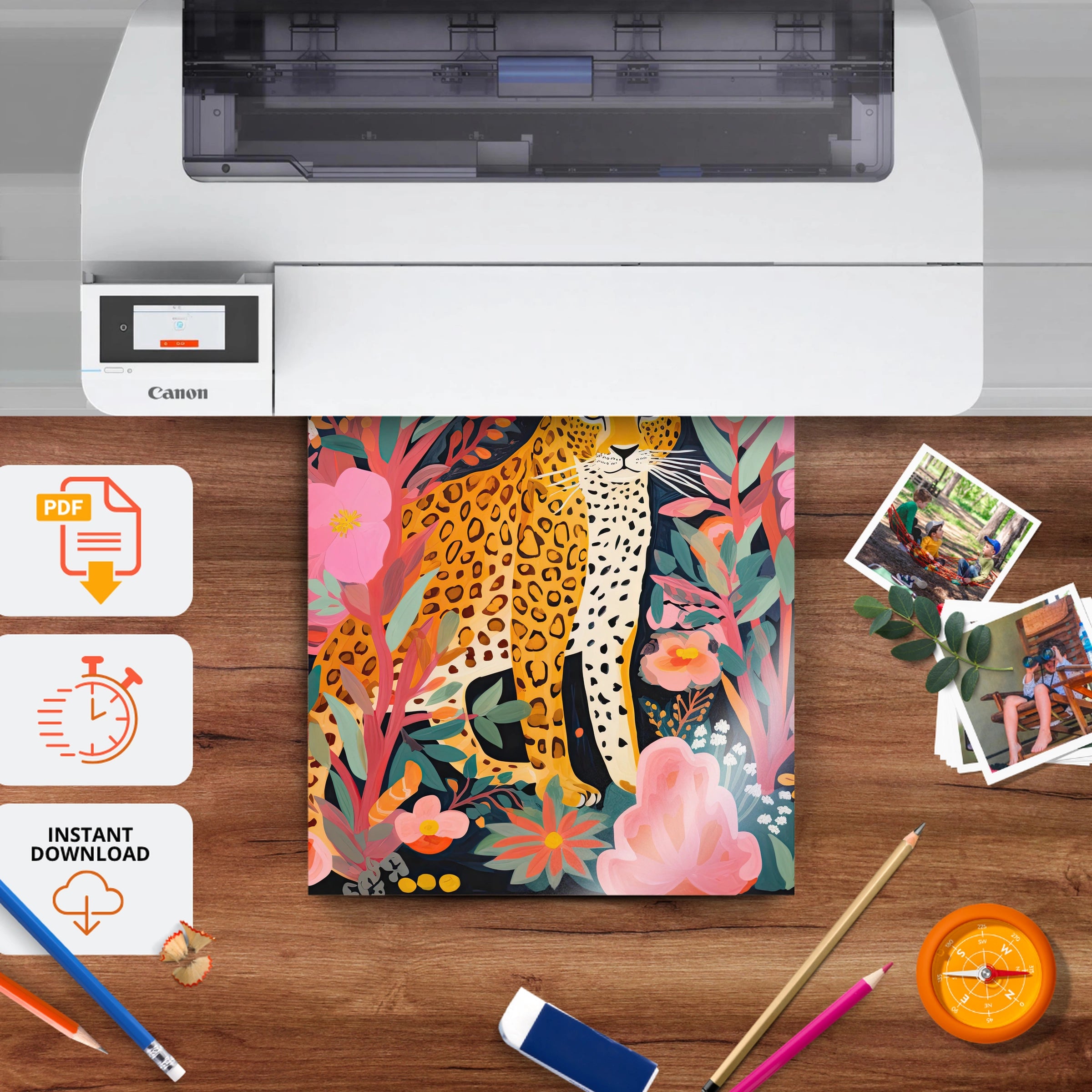 Leopard in Flowers Nursery Print - printable nursery wall art, instant download to print at home