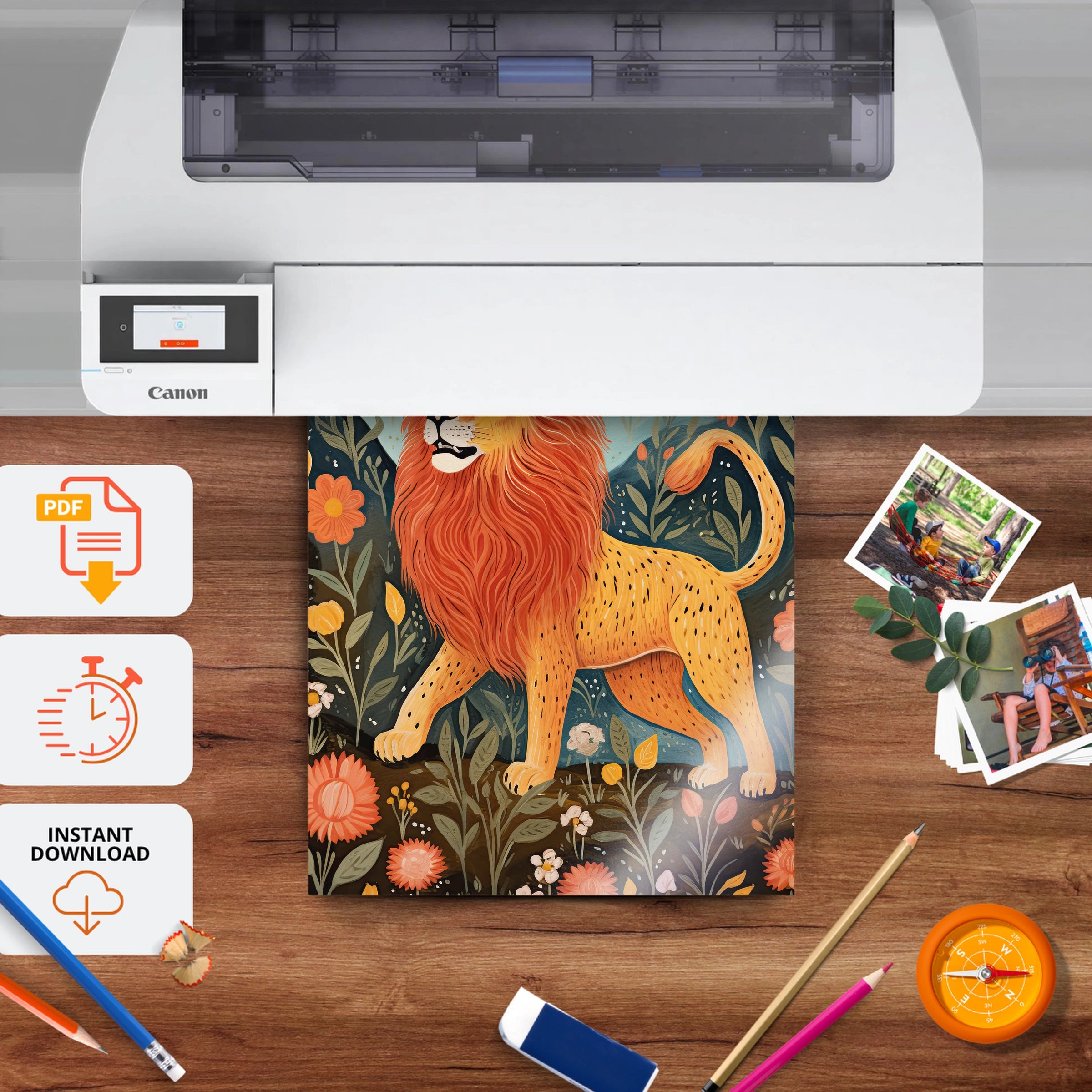 Lion Among Flowers Nursery Print - printable nursery wall art, instant download to print at home