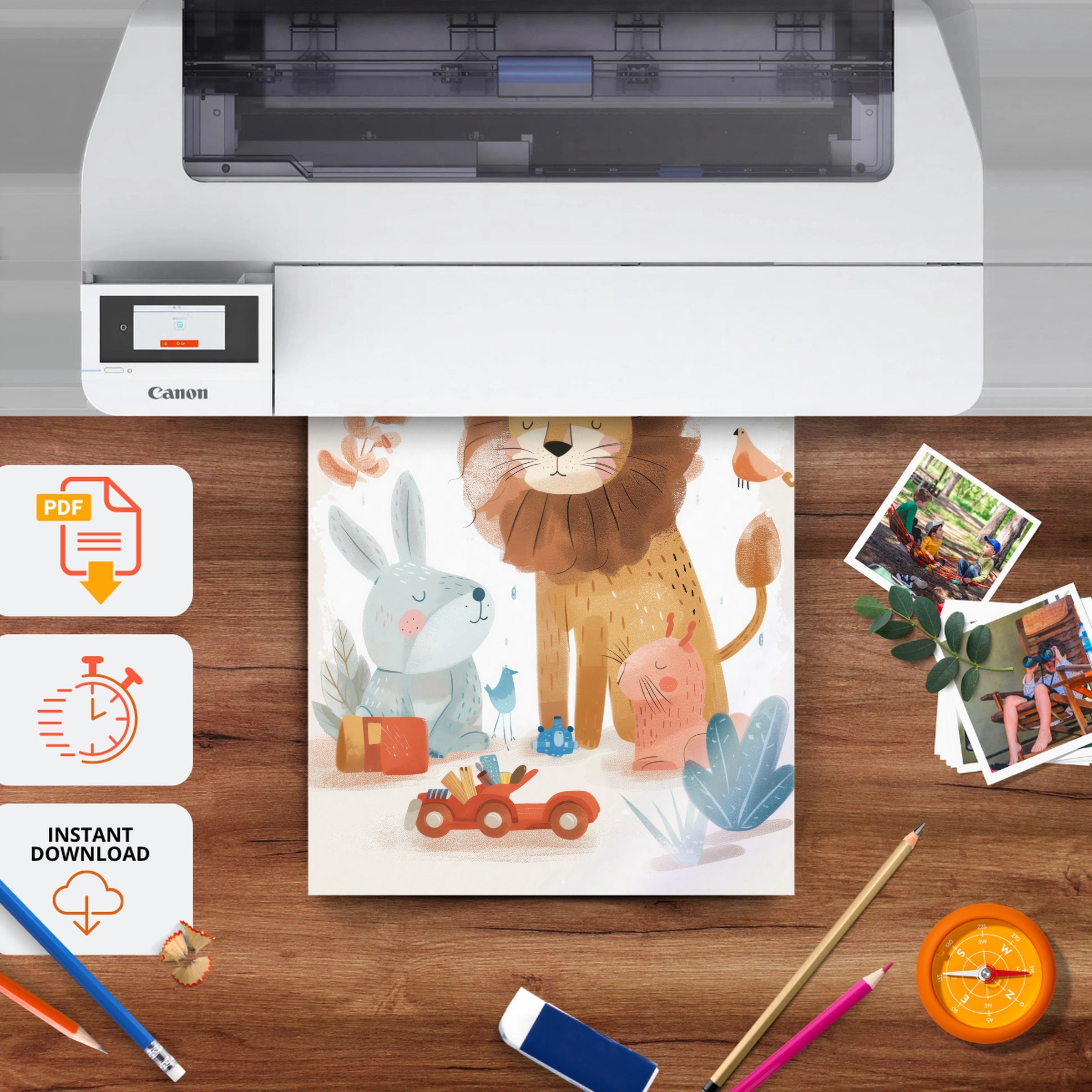 Lion and Bunny Toys Nursery Print - printable nursery wall art, instant download to print at home