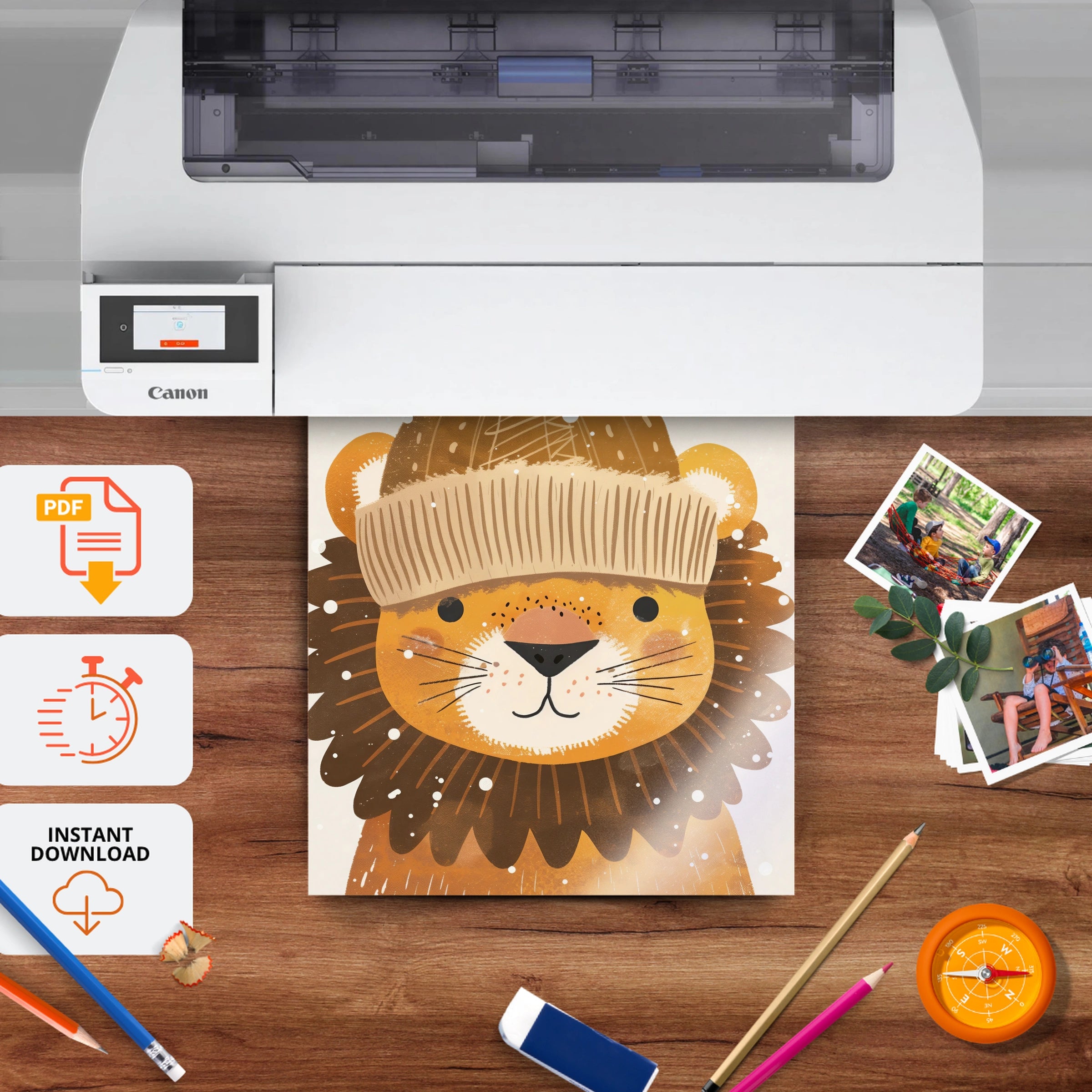 Lion in a Bobble Hat Nursery Print - printable nursery wall art, instant download to print at home