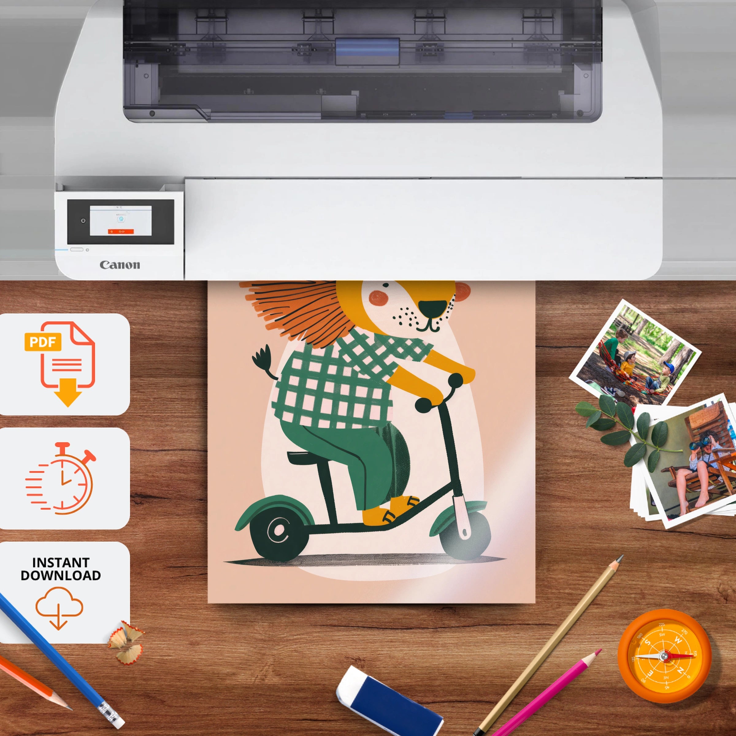 Lion on a Scooter Nursery Print - printable nursery wall art, instant download to print at home