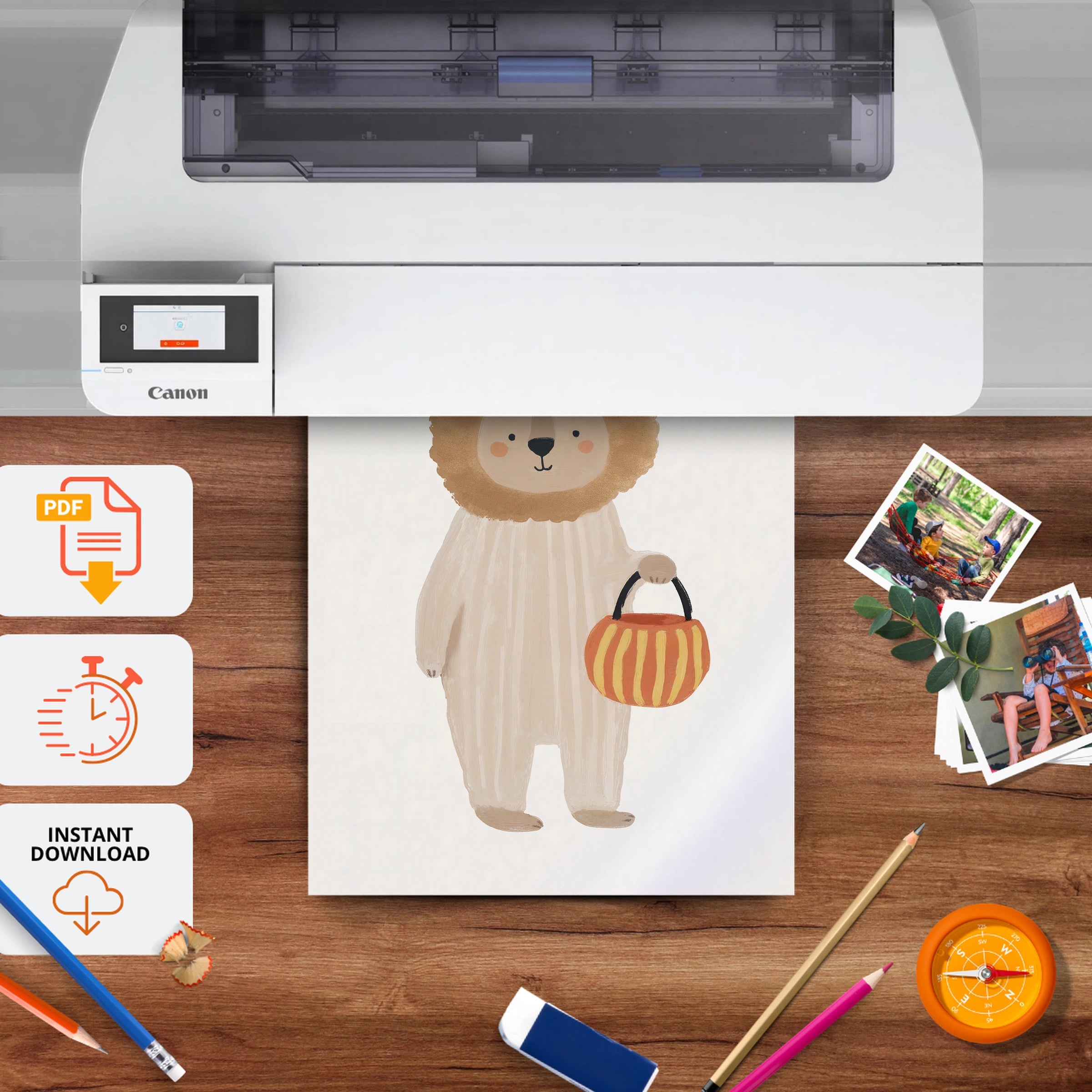Lion with a Basket Nursery Print - printable nursery wall art, instant download to print at home