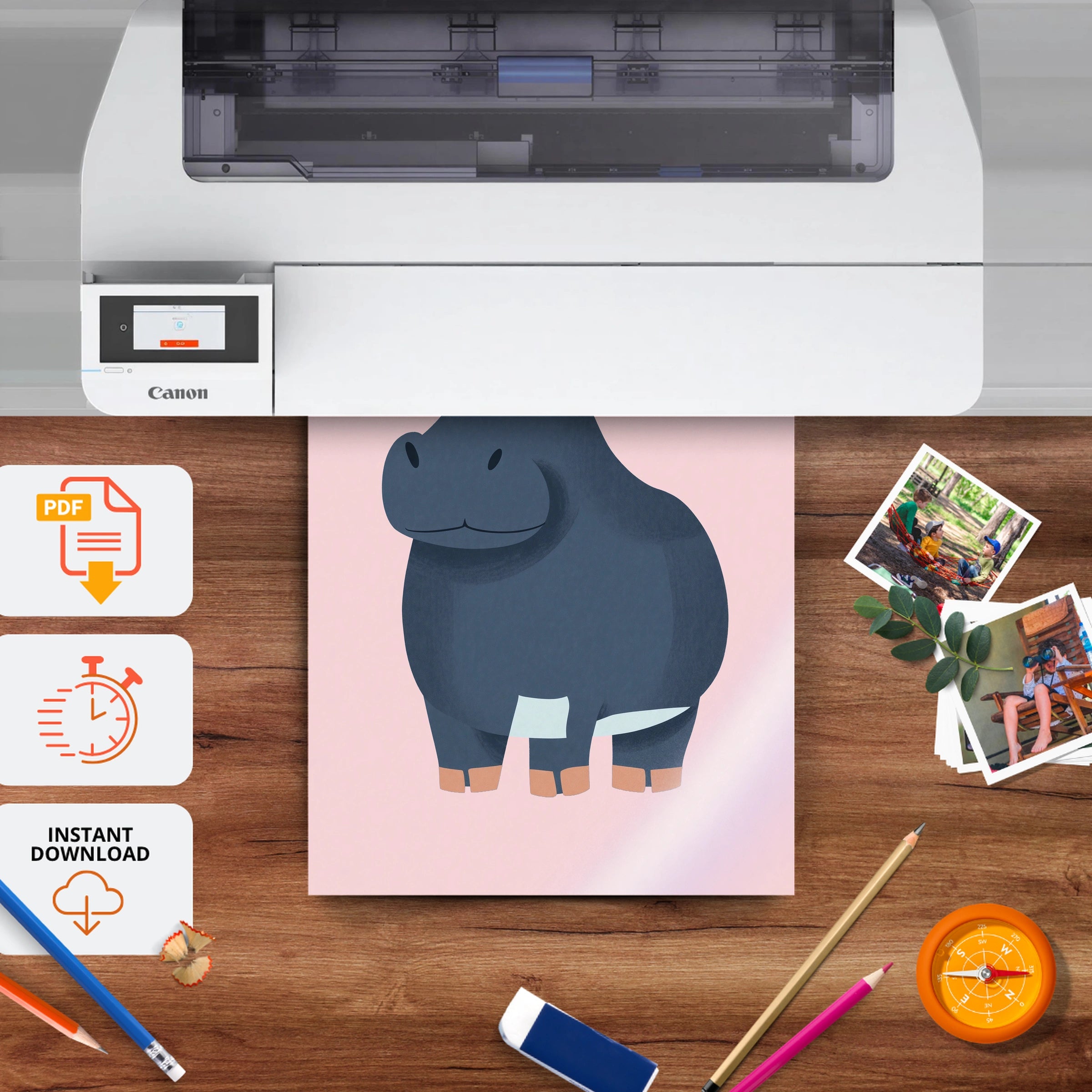 Little Hippo Nursery Print - printable nursery wall art, instant download to print at home