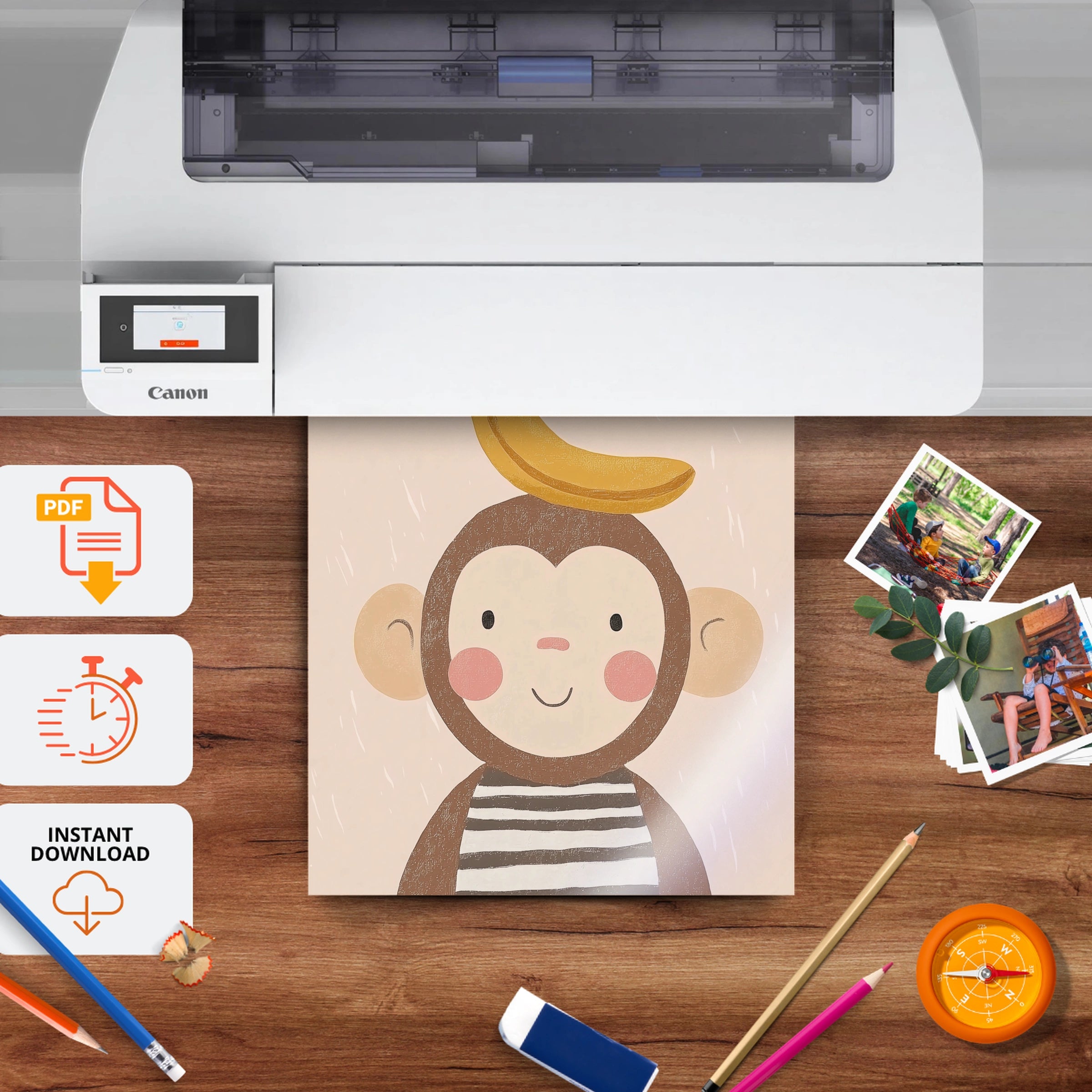 Monkey with Banana Nursery Print - printable nursery wall art, instant download to print at home