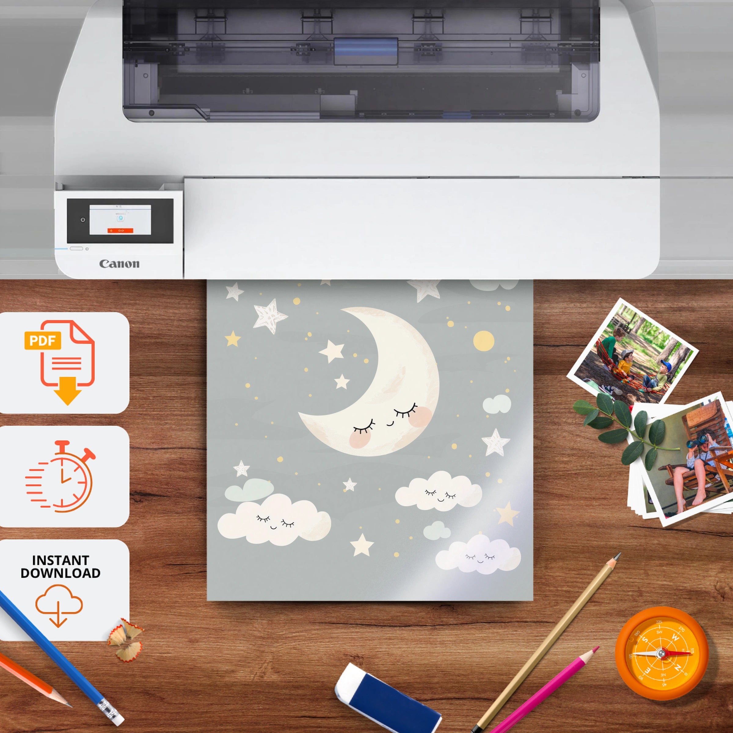Moon and Clouds Nursery Print - printable nursery wall art, instant download to print at home